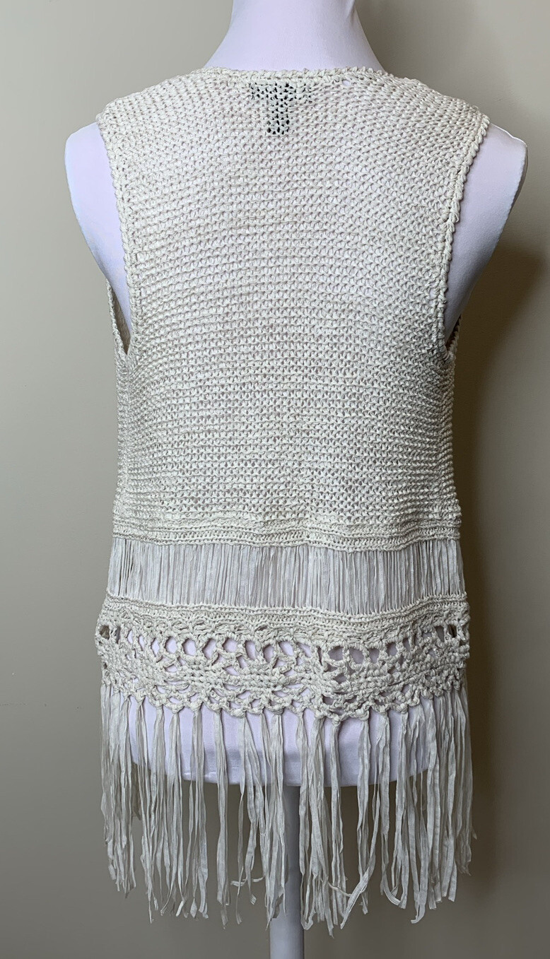 Vintage Fang Sweater Vest, ivory knit and crochet with fringe, women’s S, Boho