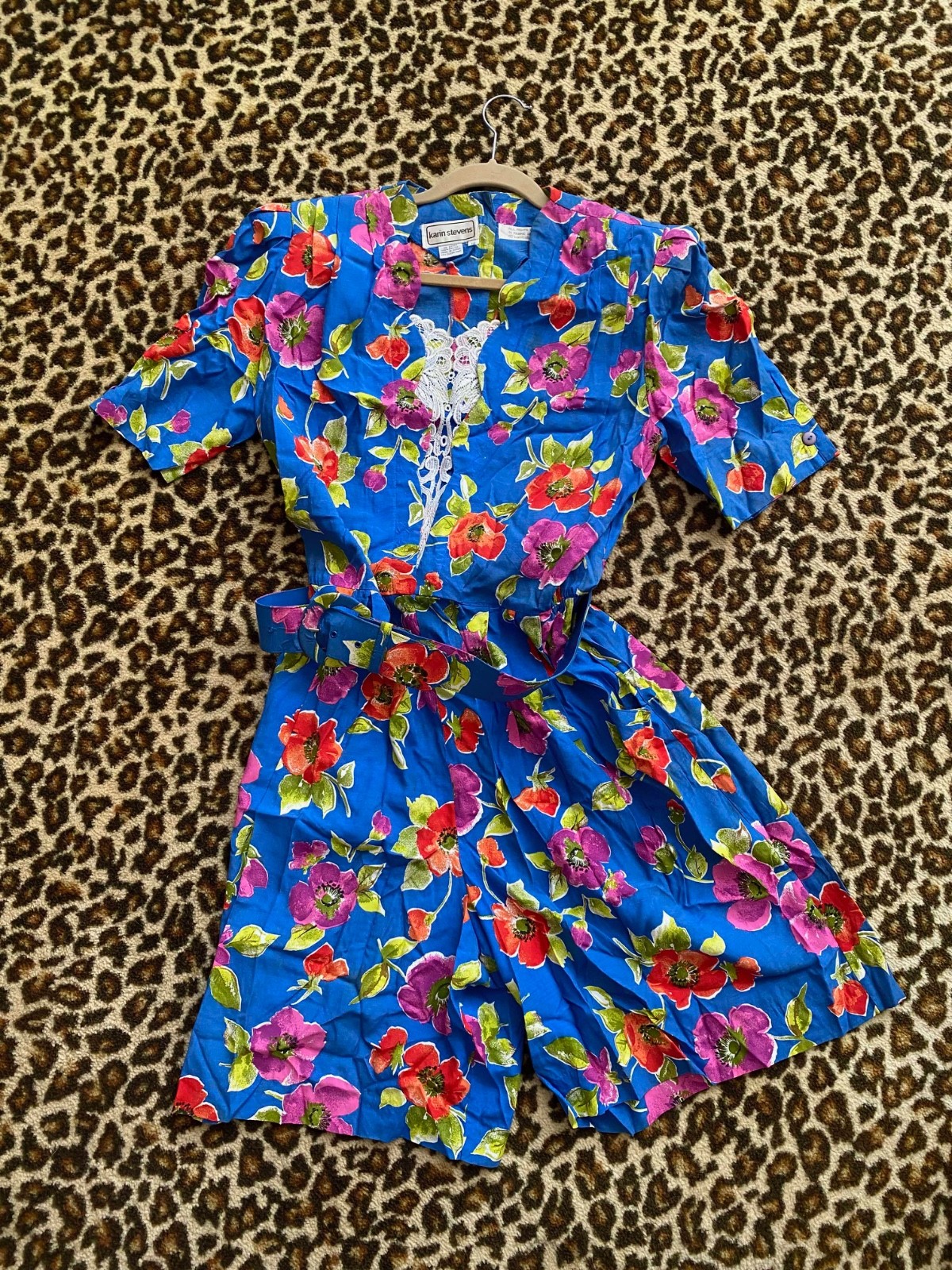 VTG 80s Floral Colorblock Culotte mini Dress Colorful Short Sleeve Belted Retro