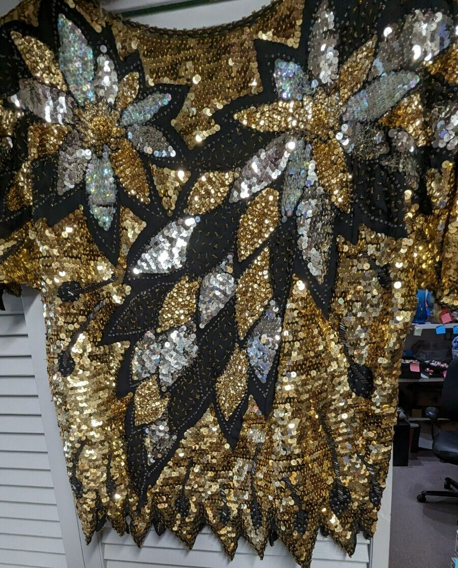 Elaborate Vintage Used Women’s ISABELLE Designer Sequins Blouse Medium Size