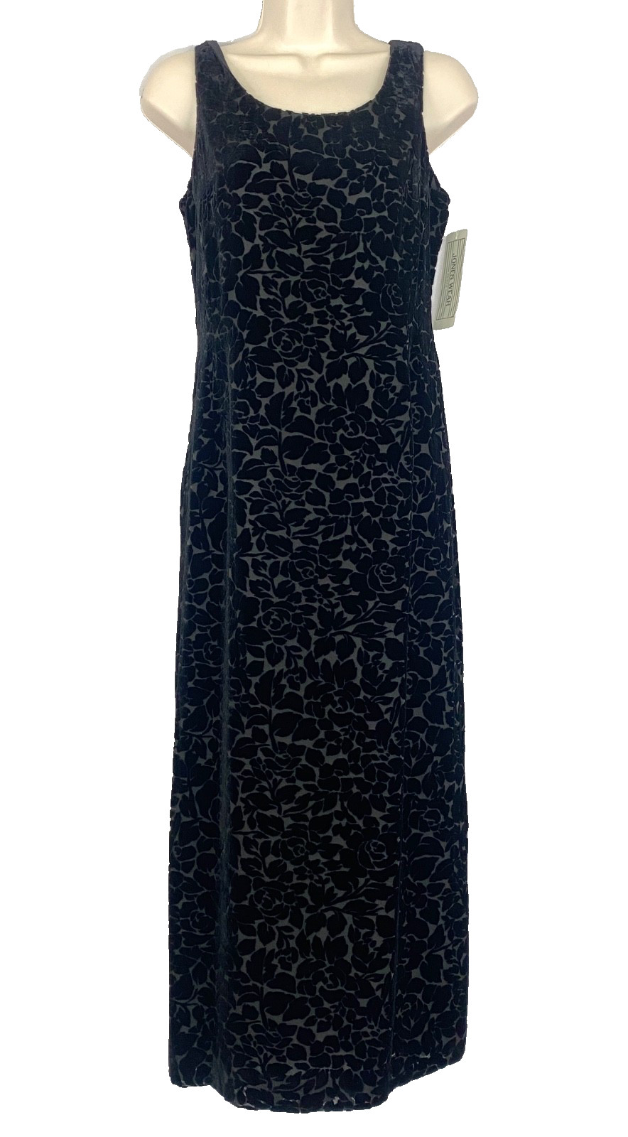 Vintage 1990s black silk velvet maxi dress sleeveless floral burnout NWT JONES 8