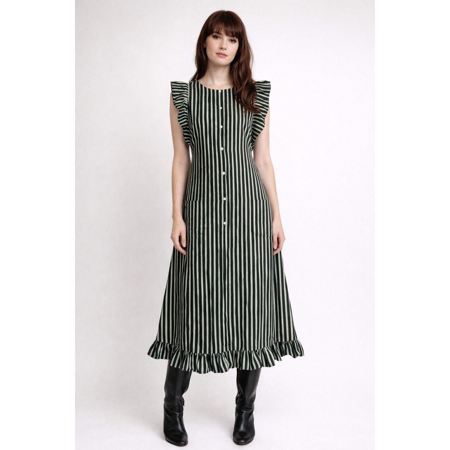 VTG 70s Marimekko Piccolo Stripe Jokapoika Dress Green Black Stripe Dress 38/10