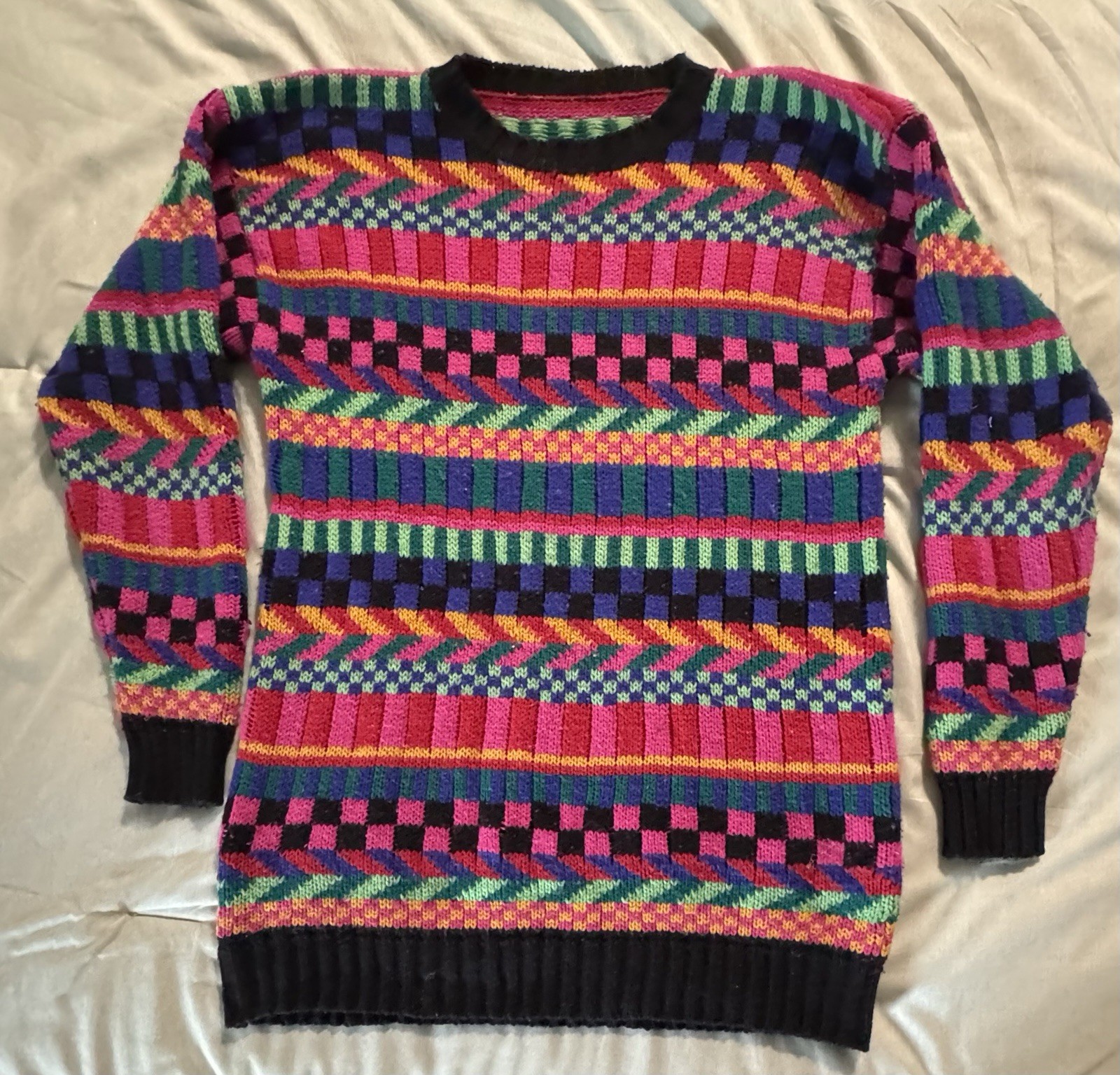 Vintage Geometric Knit Pullover Coogi-Like Sweater Vibrant Colorful