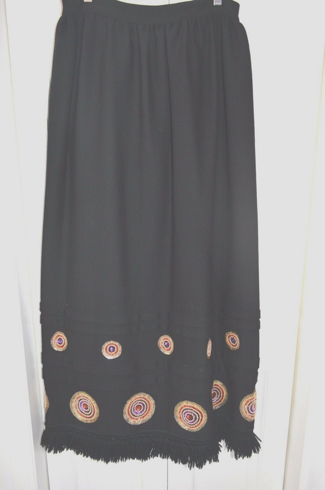 VINTAGE SKIRT LONG LENGTH BLACK FRINGE HEM SEQUIN ACCENTS 1970’s 28″ WAIST