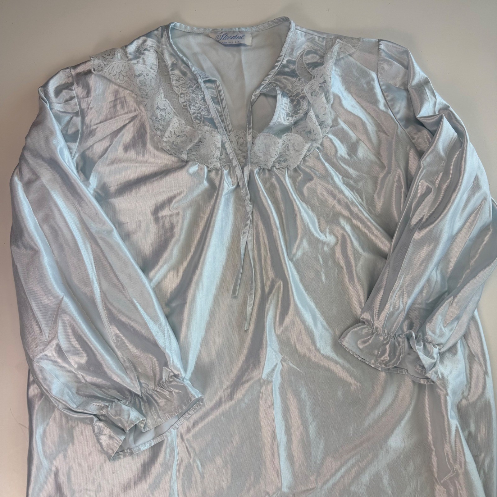 Vintage Stardust Blue Satin Lace Nightgown Long Sleeve Soft Ruffle Hem Small