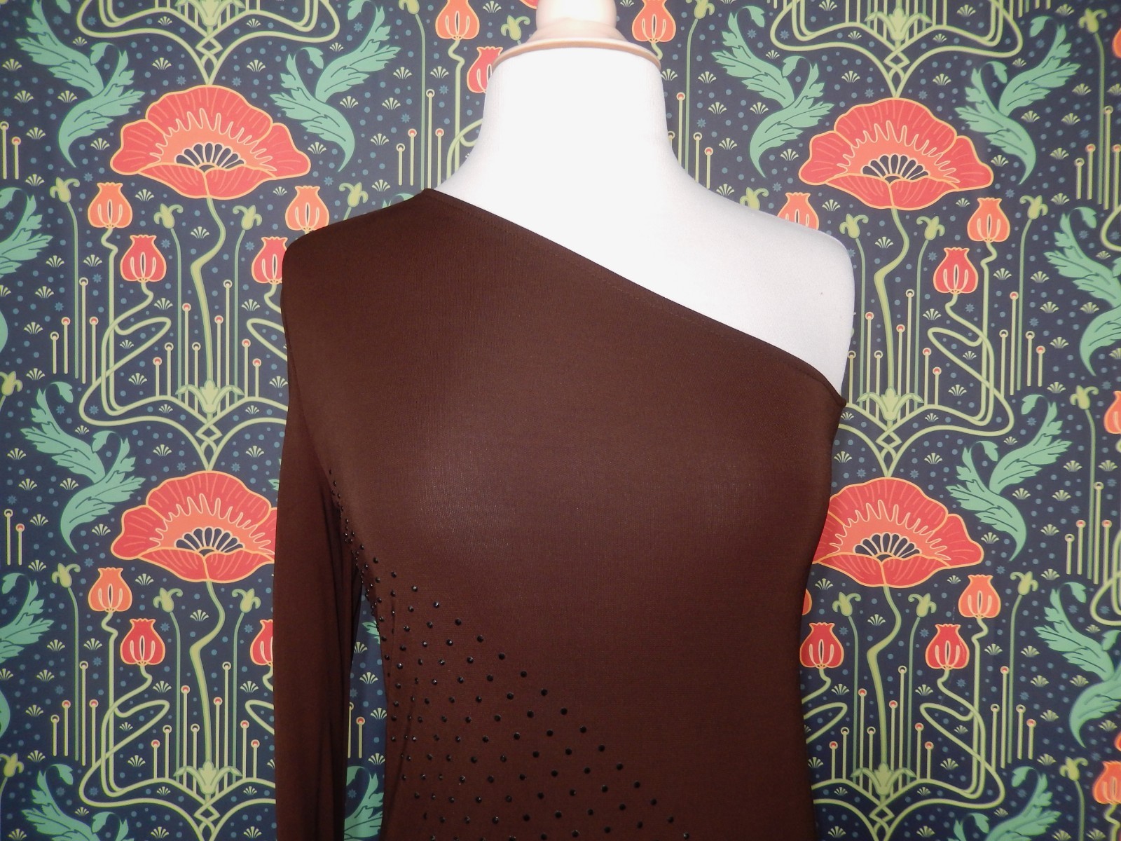 Vintage Y2K Chocolate Brown One Sleeve Shoulder Crystal Maxi Cocktail Dress XS