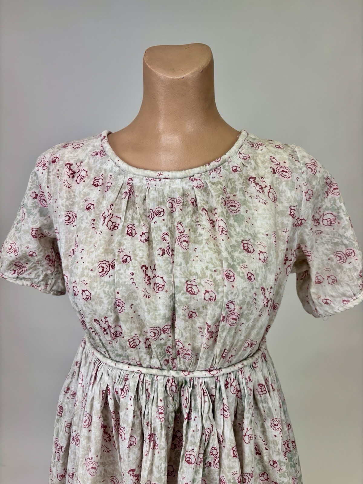 Vintage 1910s Childs Dress Short Sleeves Floral Print Pink Beige Soft Green