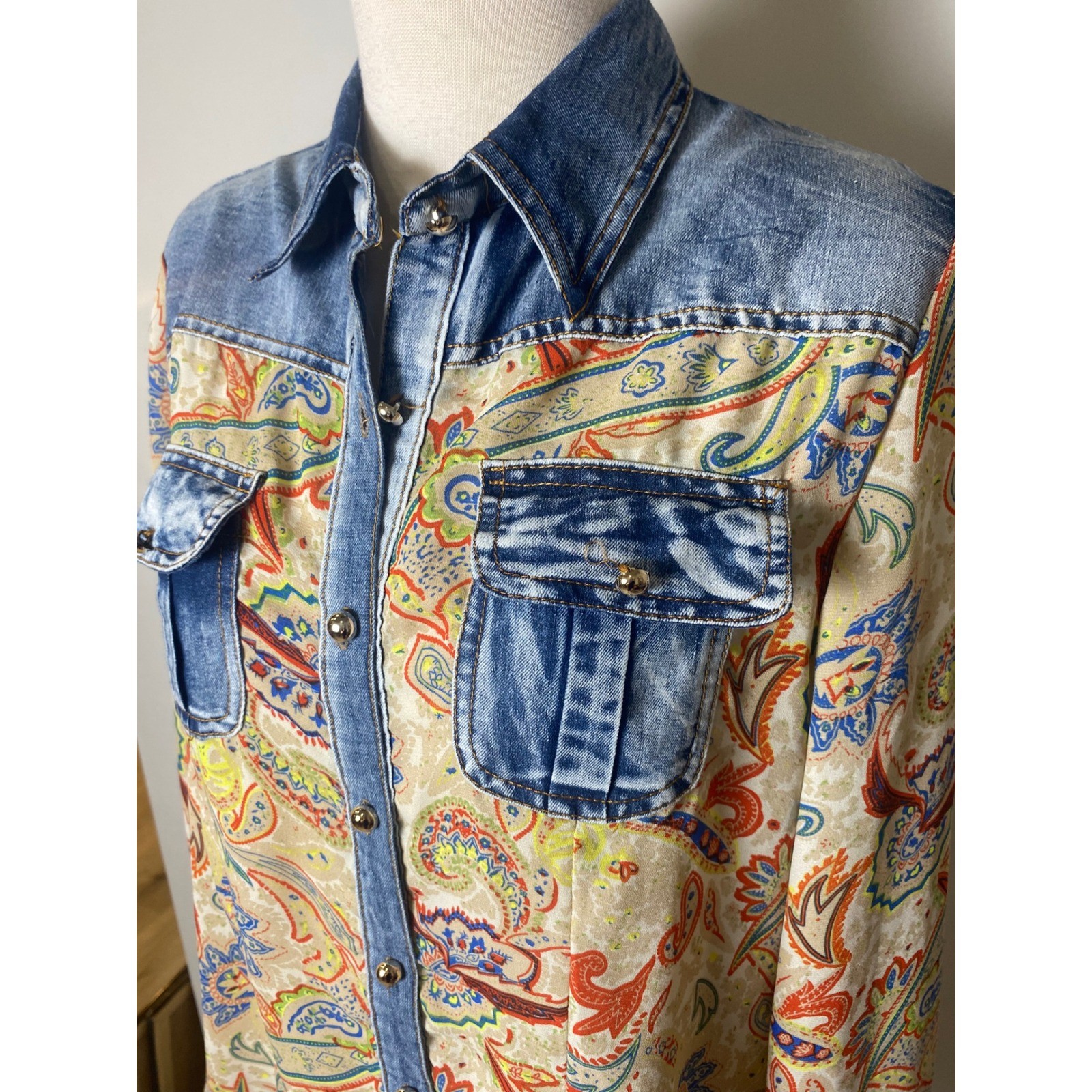 Vintage 90’s Denim Sheer Paisley long Sleeved Shirt Boho S