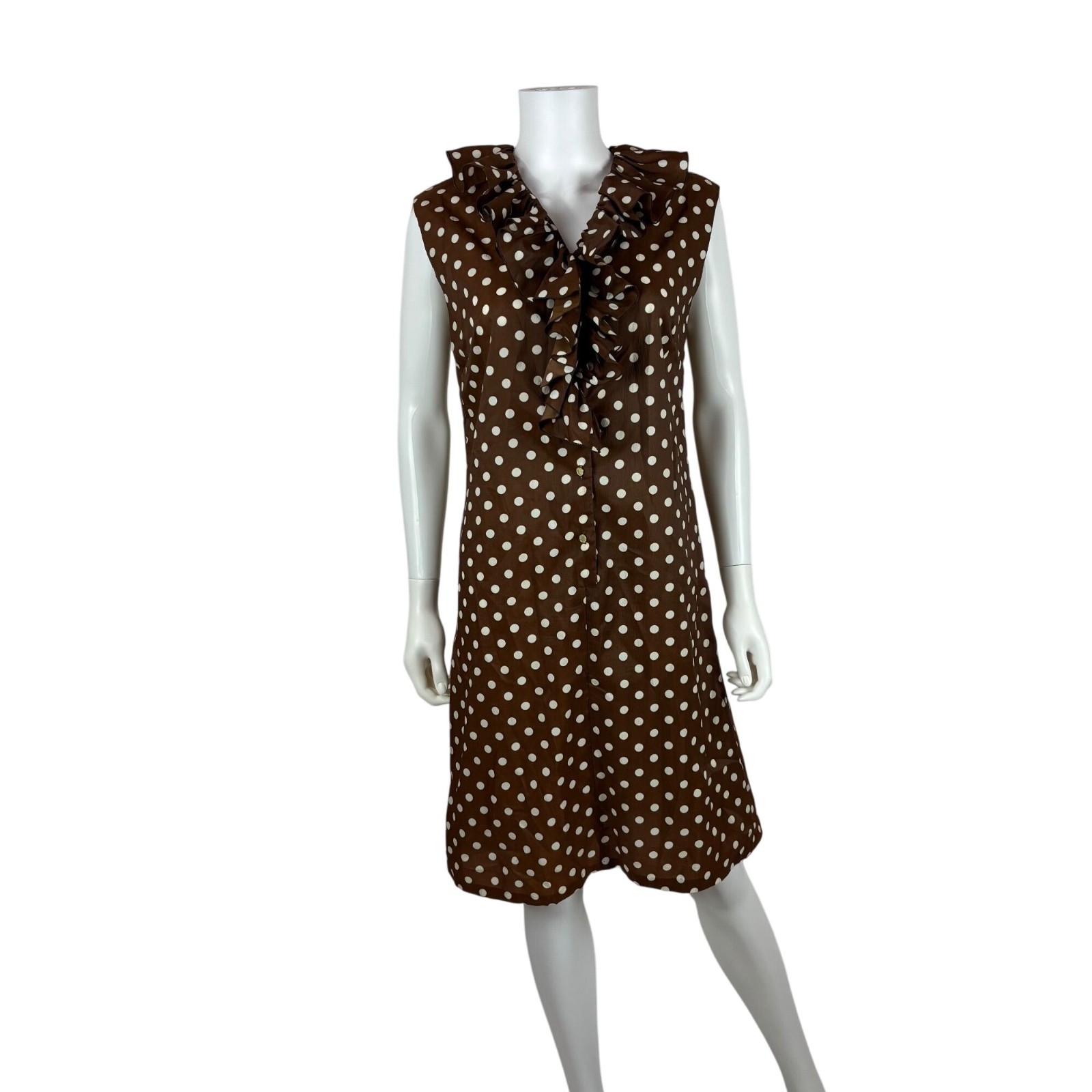 Vintage 60s Polka Dot Dress Womens Large Brown White Ruffle Collar Shift
