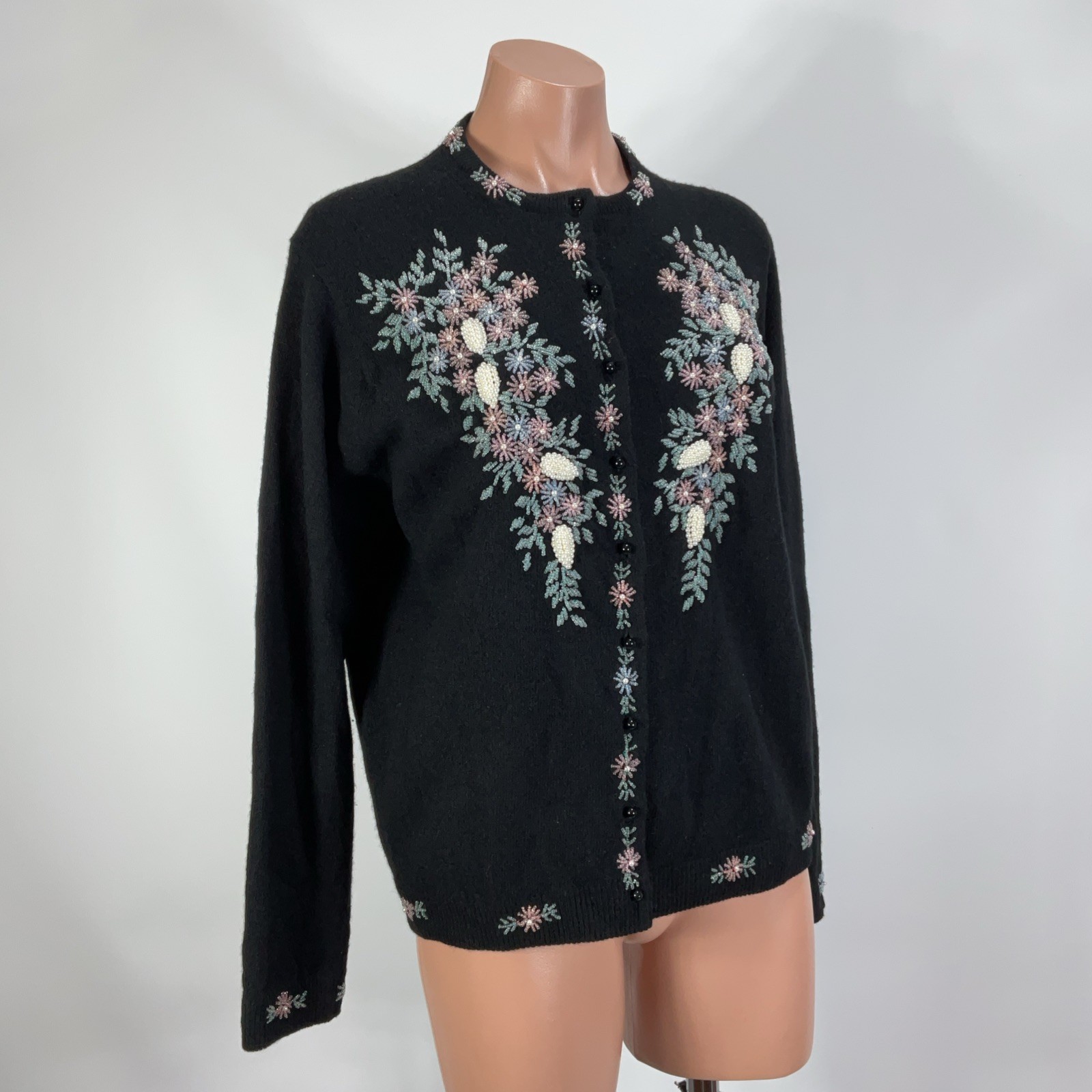Vintage 50s 60s 42 Handcrafted Beaded Cardigan Sweater Grandma Glam Lined