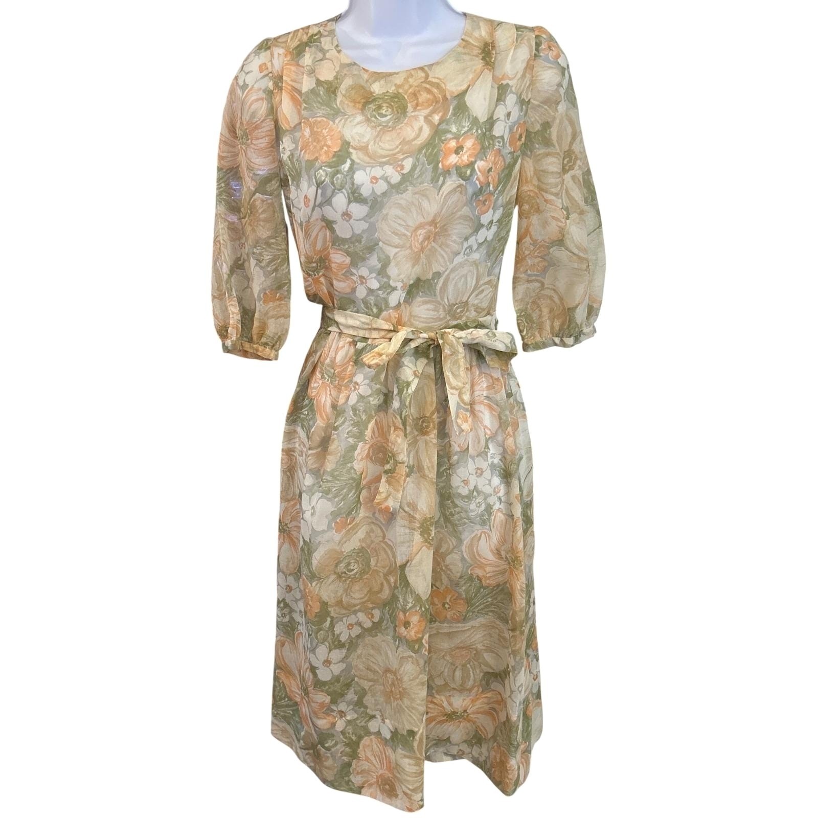Vintage Unbranded Floral Midi Dress Cottagecore Romantic Fairycore Peach Green