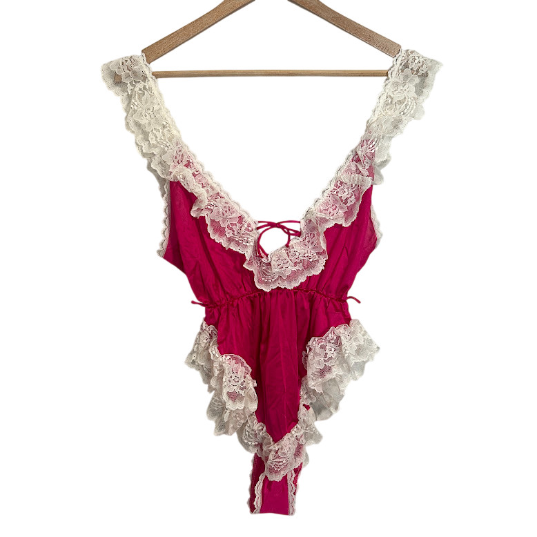 VTG Juliara 80s Lace Teddy Bodysuit Lingerie S Pink Satin Ruffle Lace High Cut