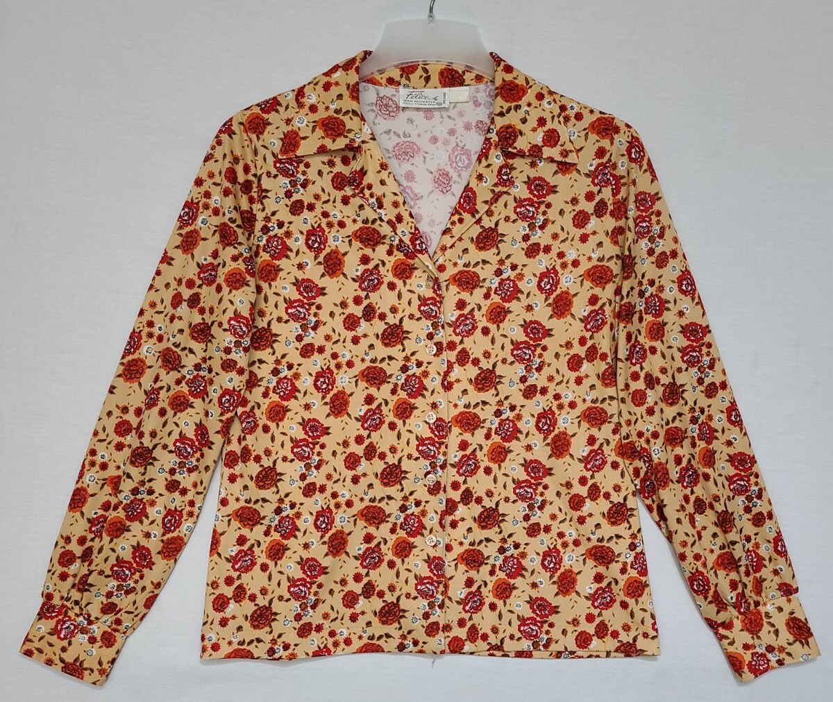 Vtg 70s Felice Orange/Red Floral Button Front Long Sleeve Blouse Sz 16 (ZG)