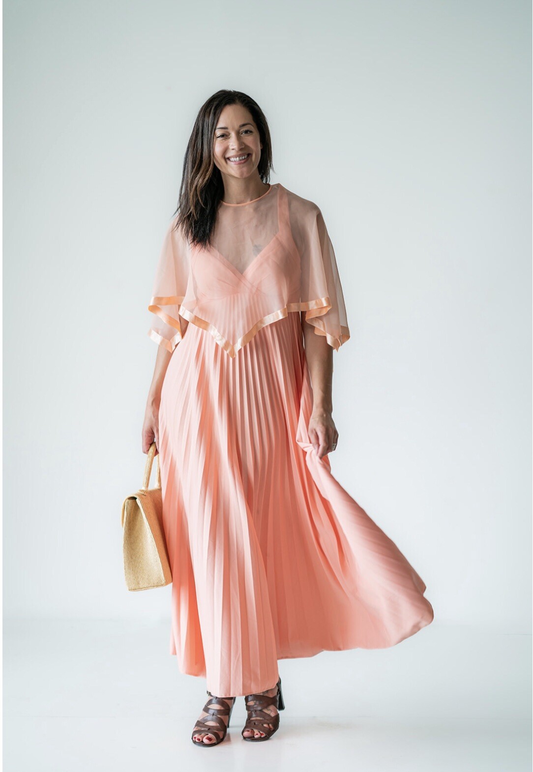 Vintage 70’s Peach Accordion Dress With Chiffon Caplet