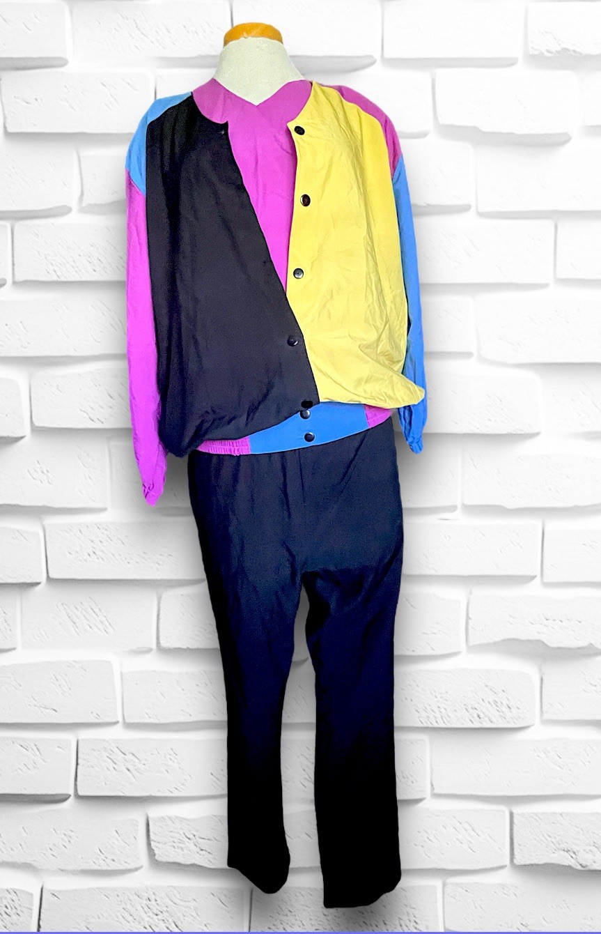 1990’s Color Block Magenta, Yellow, Blue & Black 3 Piece Jacket Pants Shirt Set