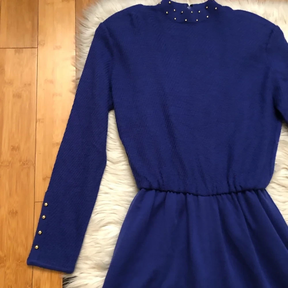 Vintage 70s 80s CIAO Ltd Wool Preppy Gold Stud Cobalt Midi Knot Sweater Dress 12