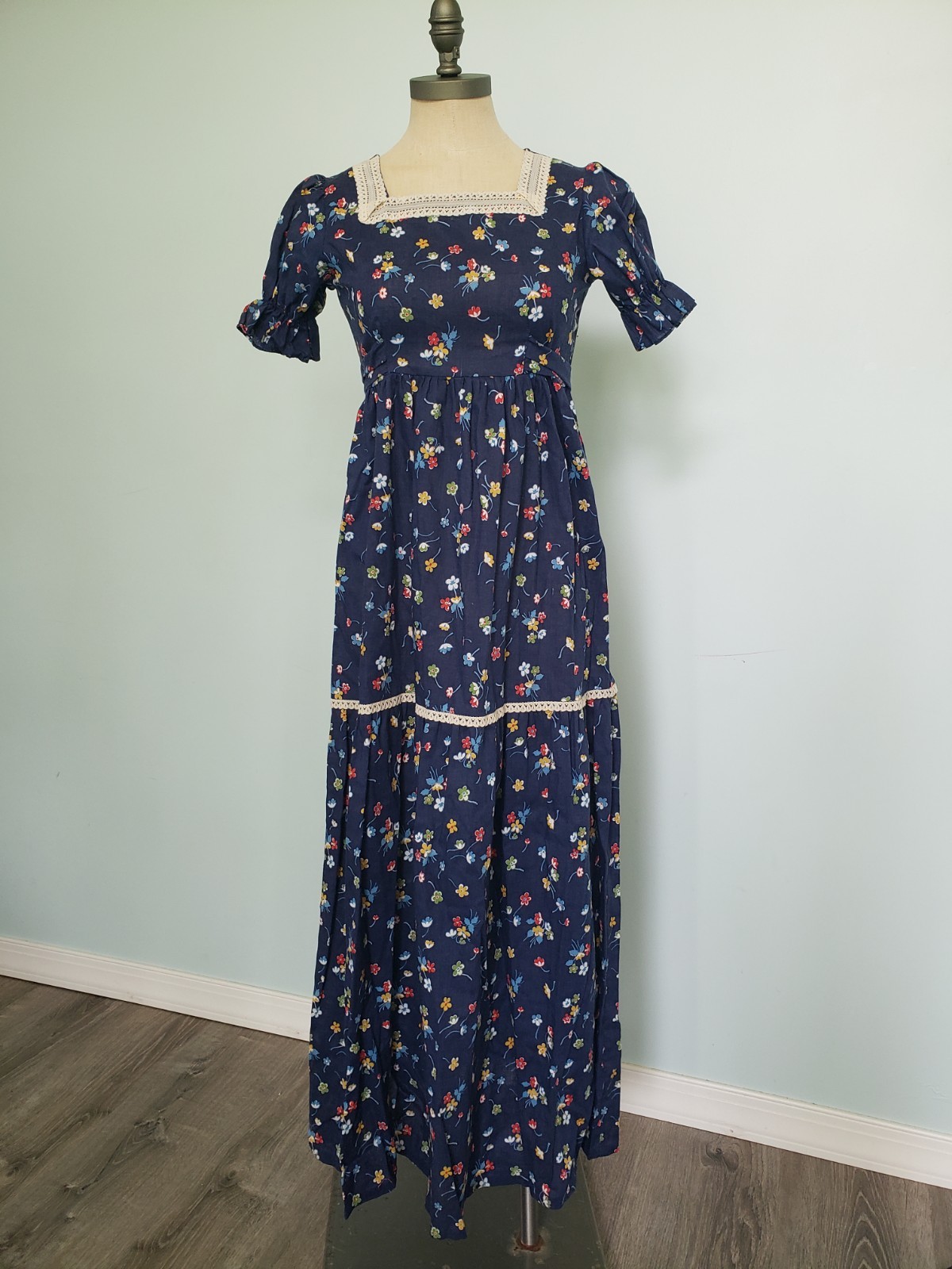 VTG 70s Spencer California Girl’s 14 Prairie Dress Maxi Blue Floral Puff Sleeve