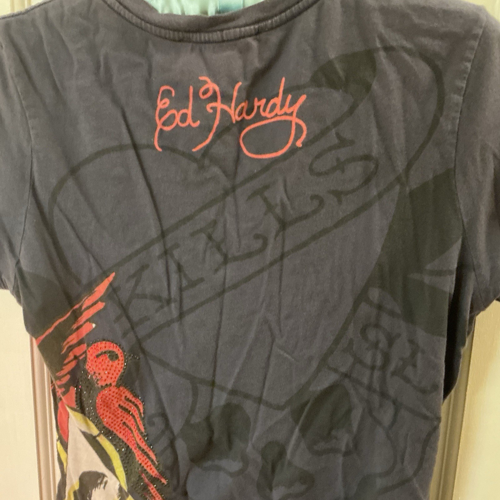 Woman’s Mid 2000’s Archival Y2K Don Ed Hardy Designs Skulls Rhinestone Shirt