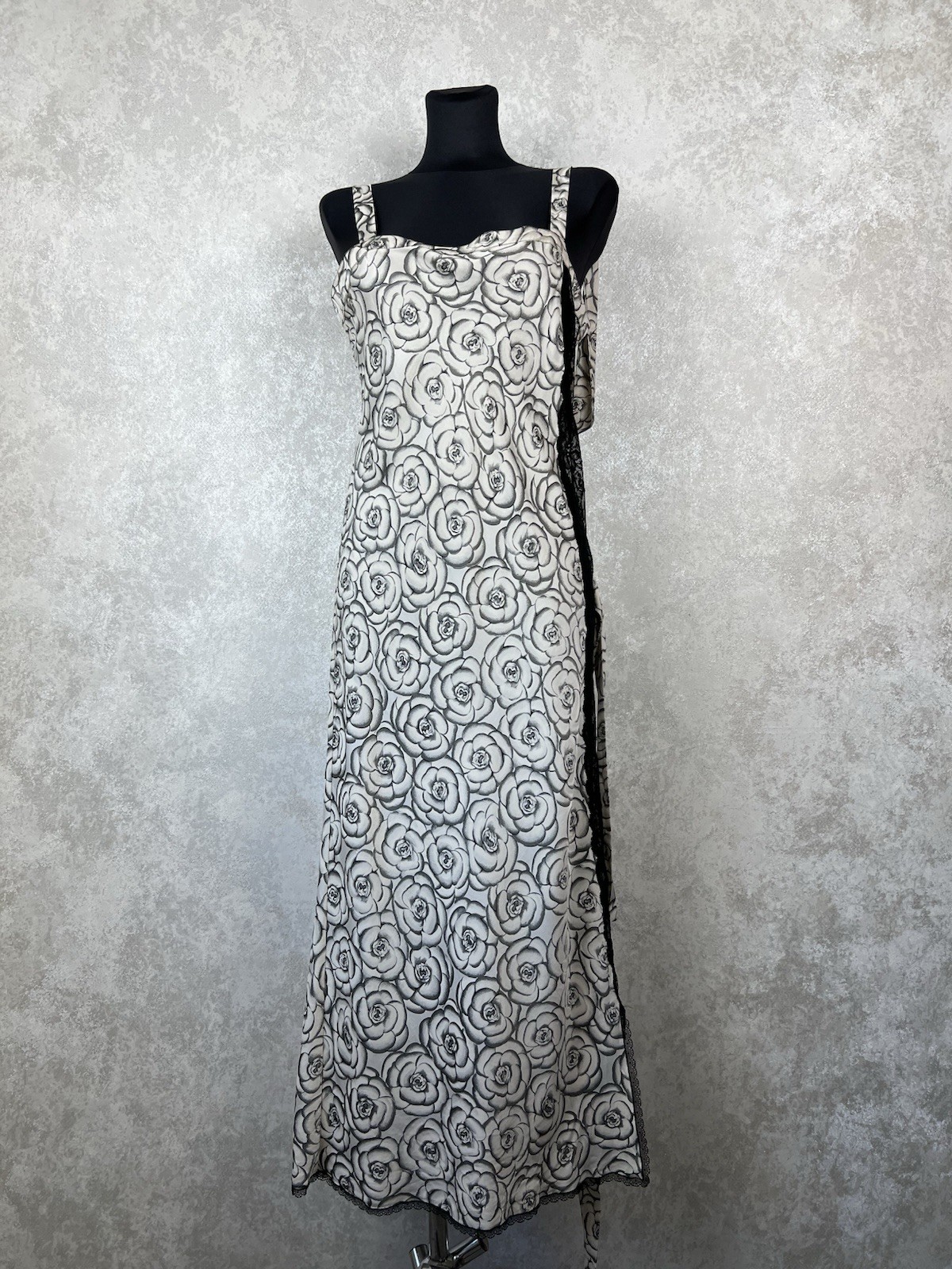 Vintage Gianni Versace Intimo Floral Rose Slip Dress Lace Black White Maxi S