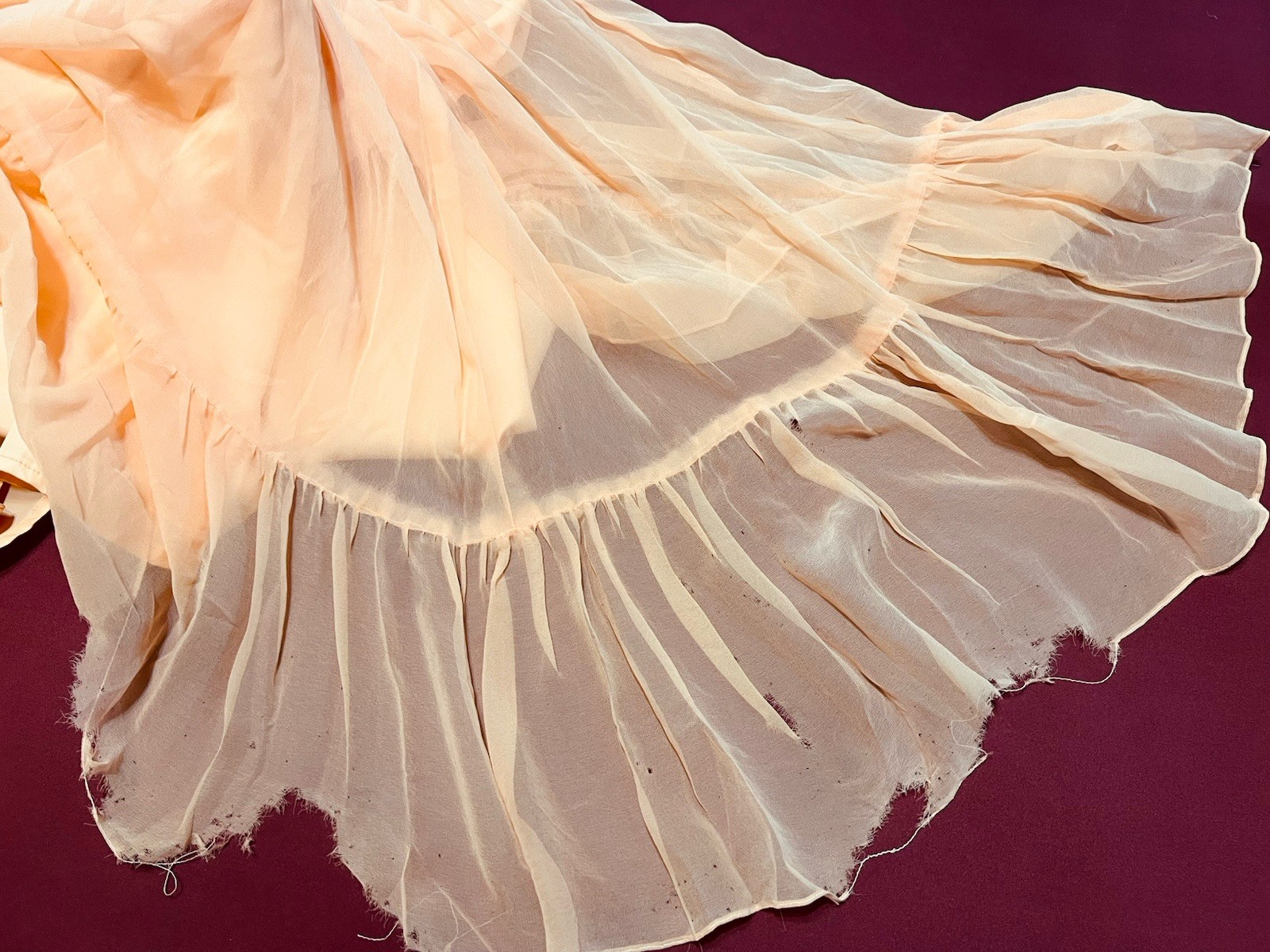 VTG 60s Peach Chiffon Maxi Dress Capelet Floral Lace Ribbon Trim Hemline Damage