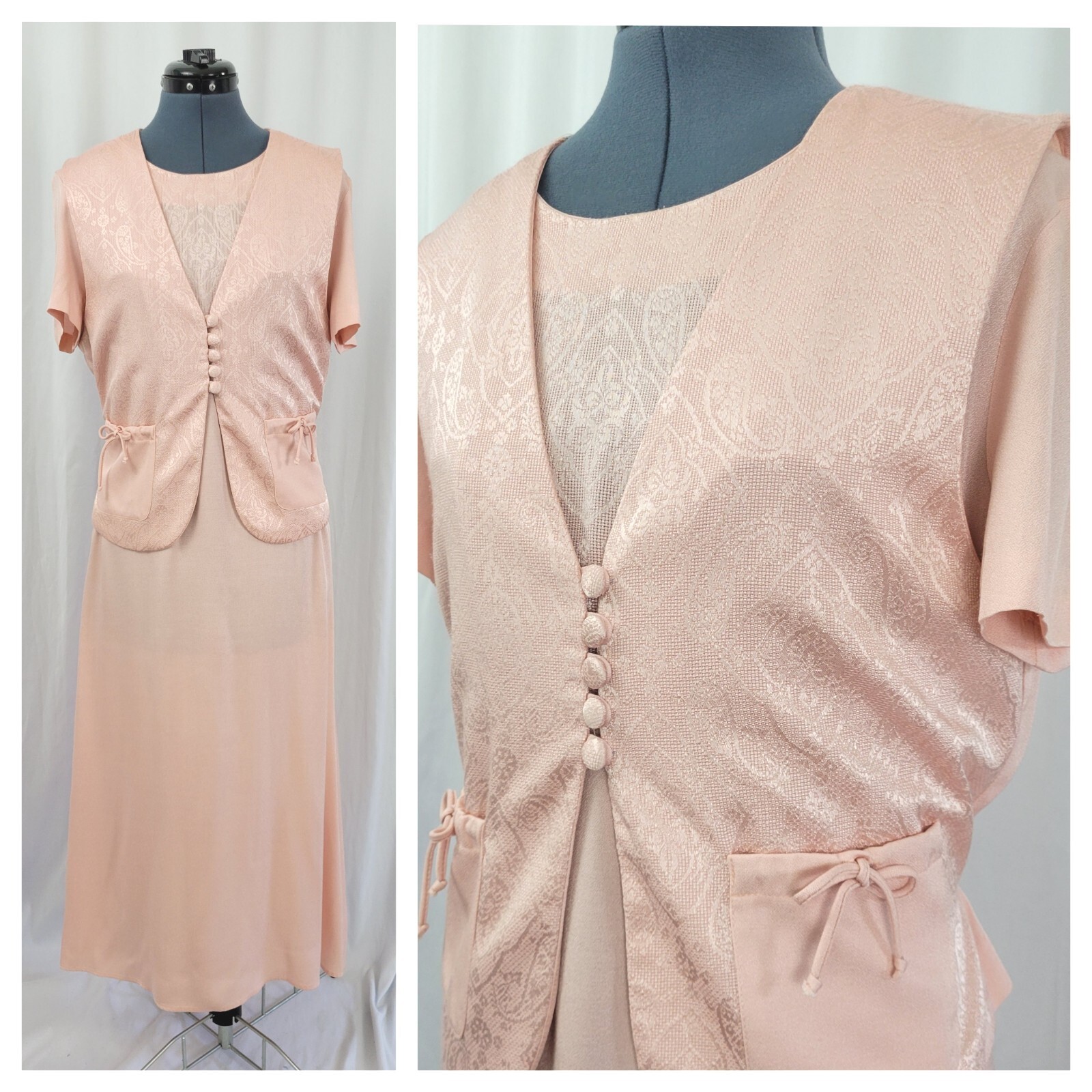 Vintage Menu Peachy Pink Dress w Matching Paisley Printed Vest Size 10