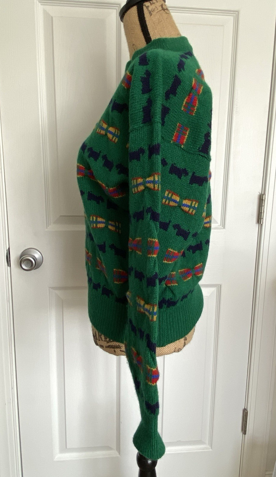 VTG 80s Scottie Dog Sweater MED Shetland Wool The Scotch House Green Plaid Bows