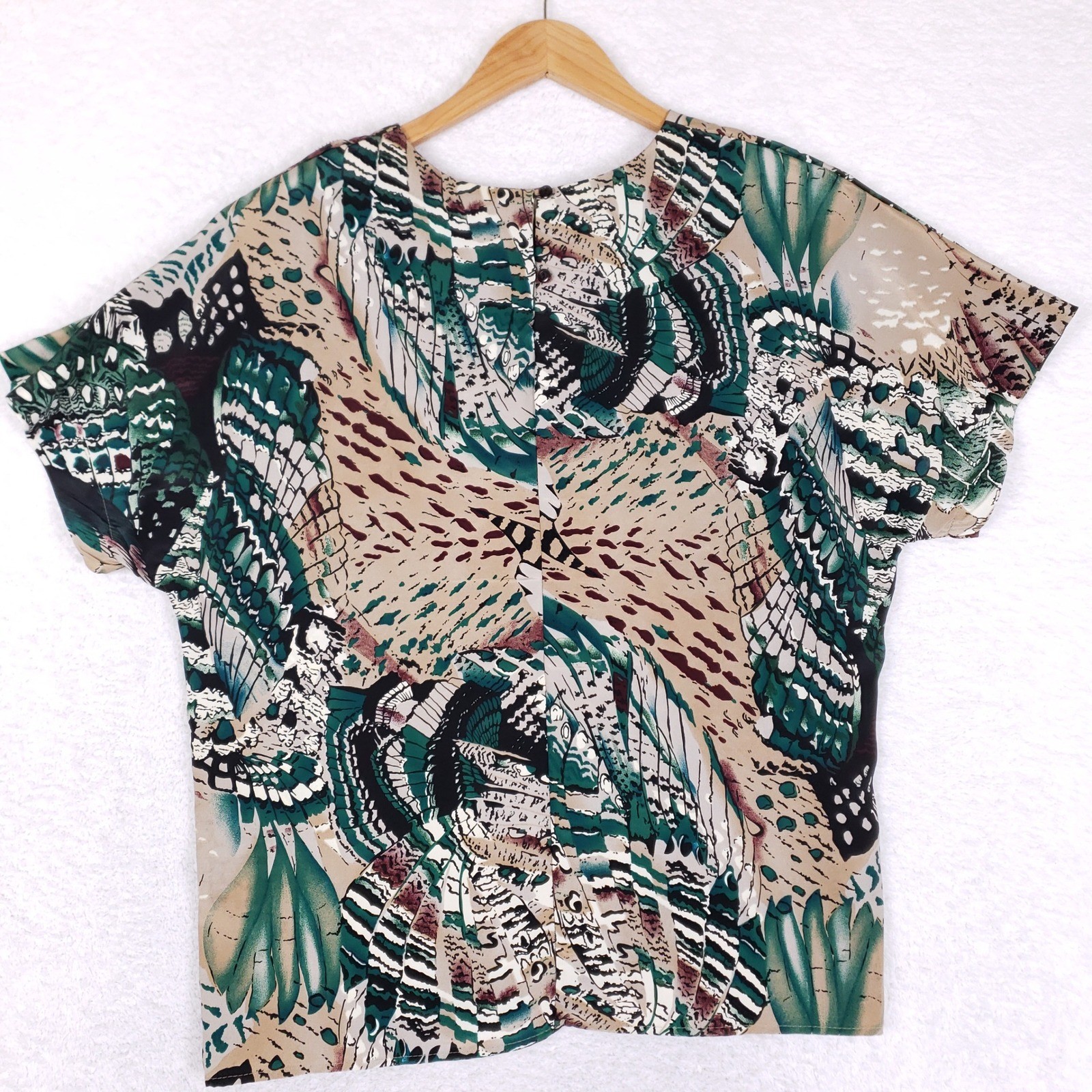 Vintage Caviar 80s Abstract Feather Print Boxy Blouse Green Tan Size L USA Made