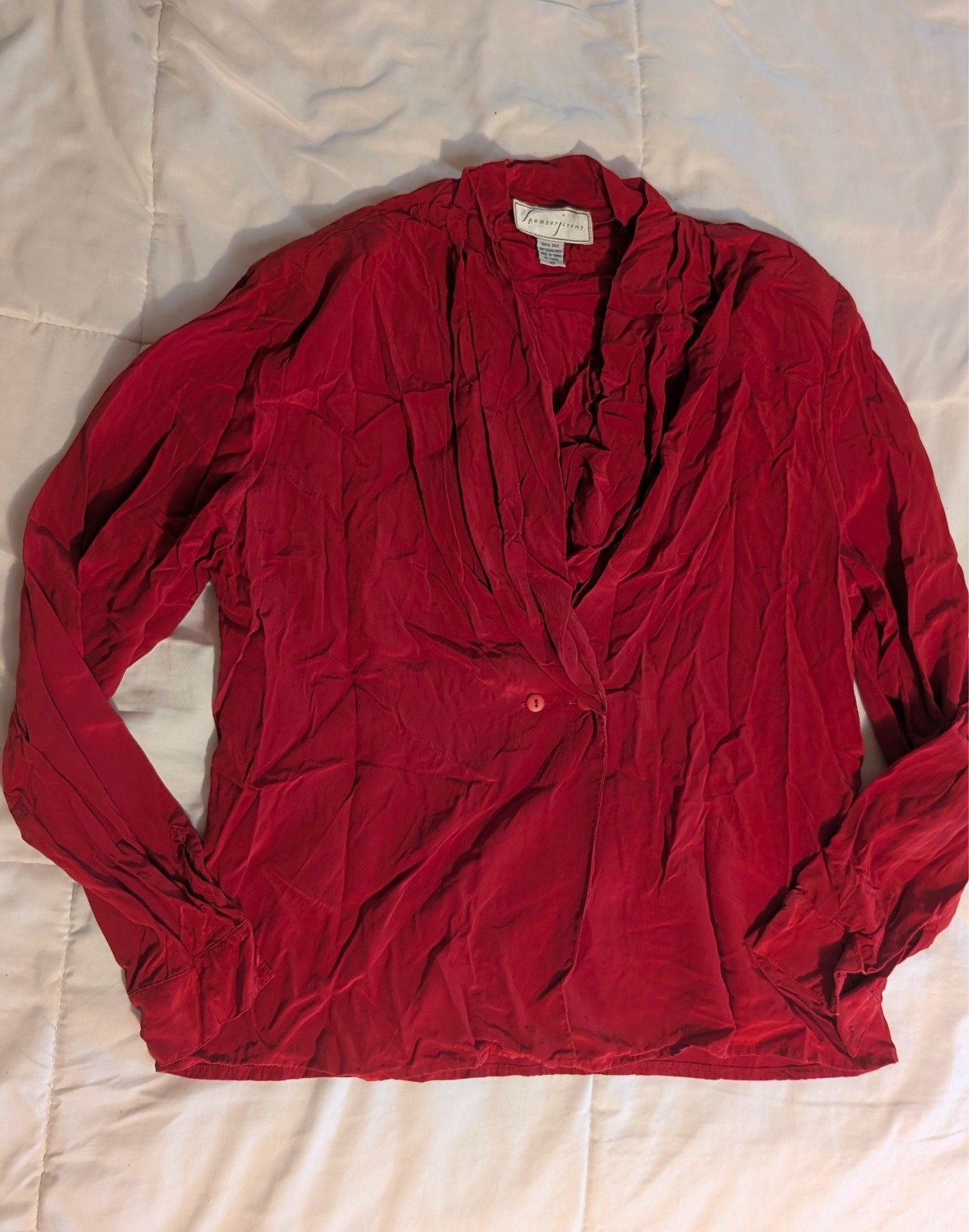 100% Silk Vintage Red Blouse Long Sleeve Top Spenser Jeremy 1980s