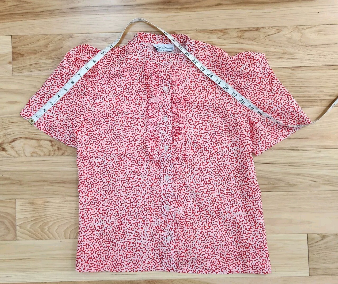 VINTAGE Lucky Winner 1970s Blouse Red And White Polka Dots Puff Sleeve Retro Top