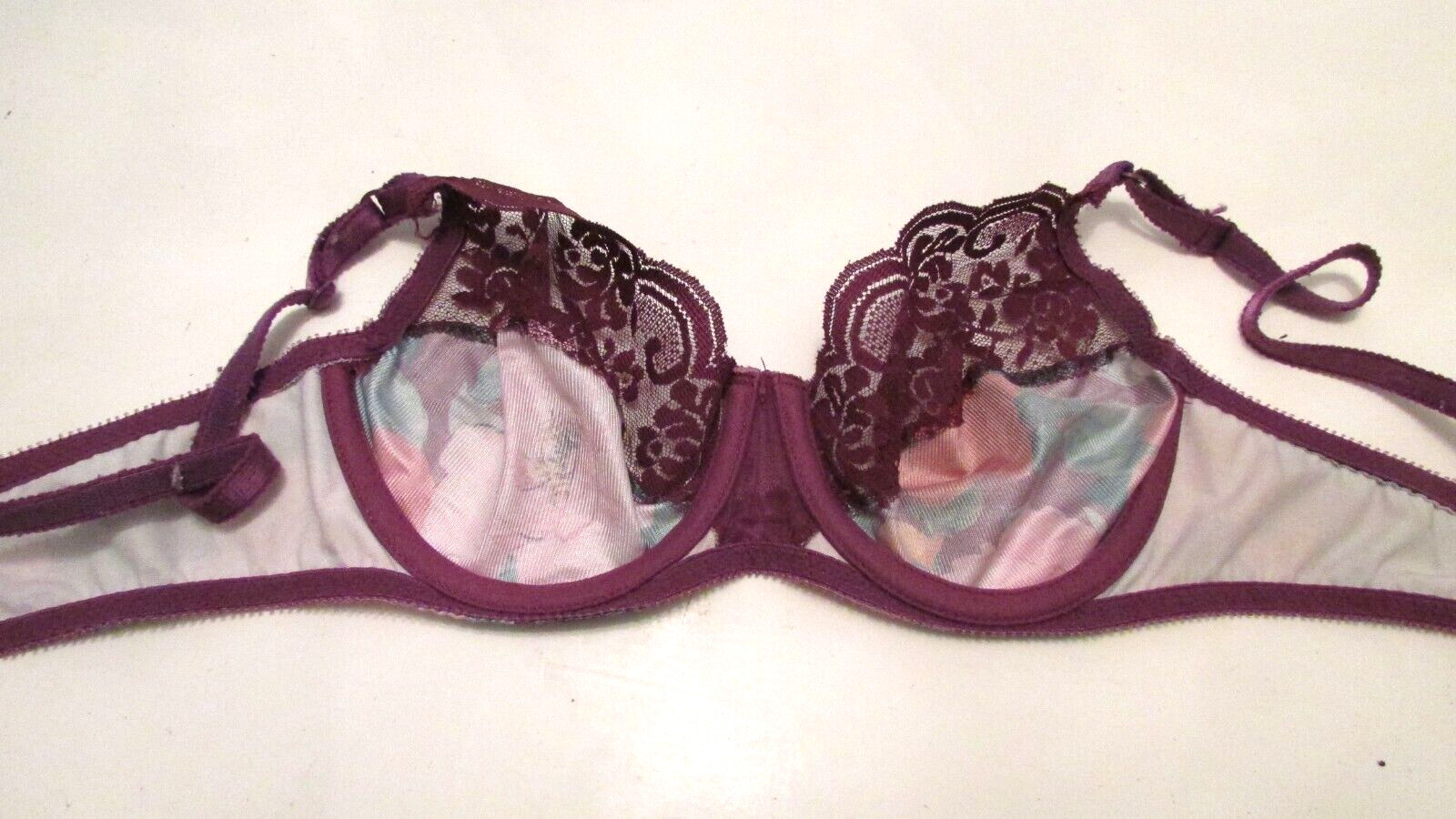 Maidenform Chantilly 7329 Floral Print Silky Satin Purple Lace Underwire Bra 36B
