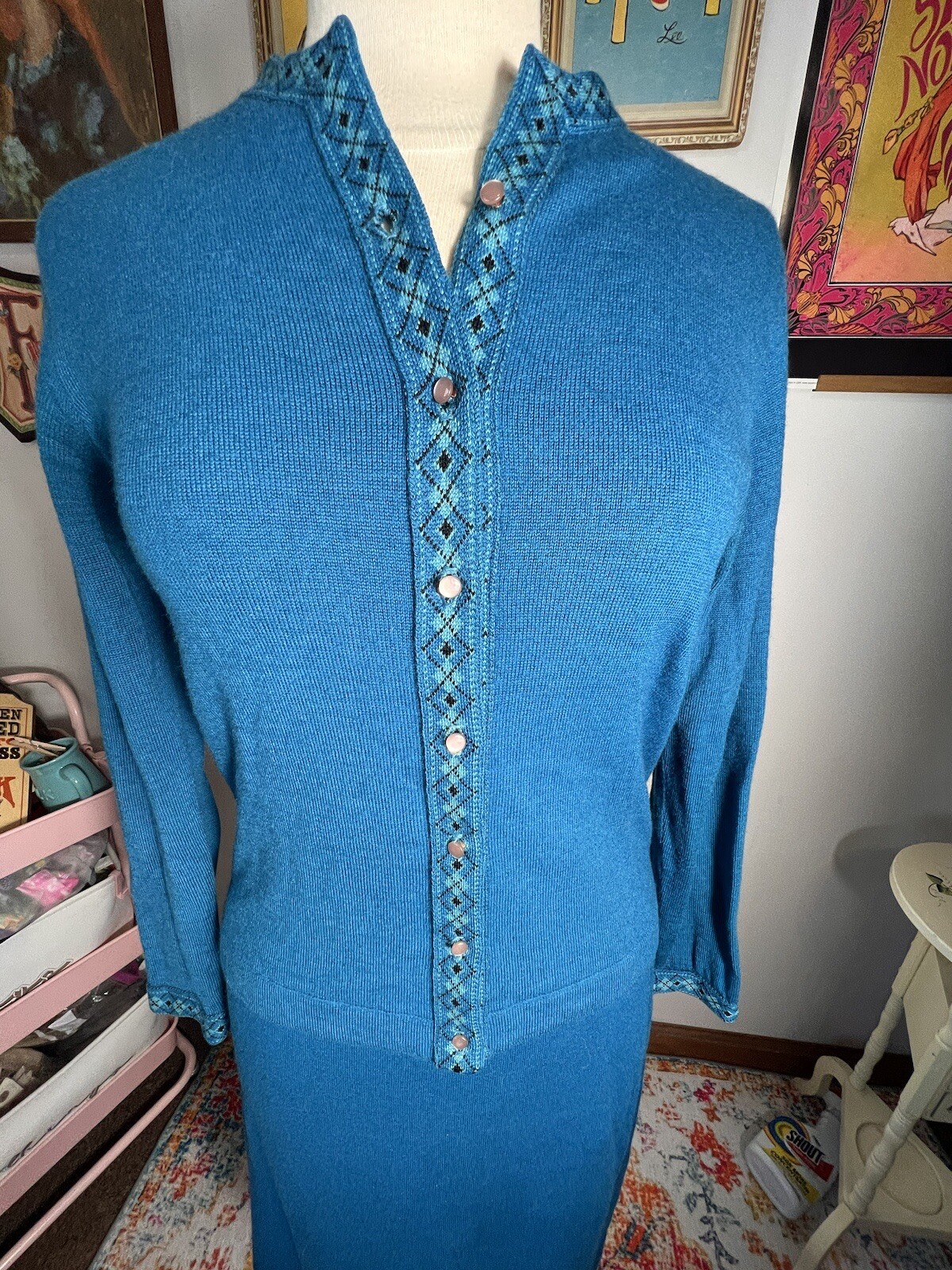 Vintage 1950’s Knit Set Jantzen Blue Sweater And Skirt S / M