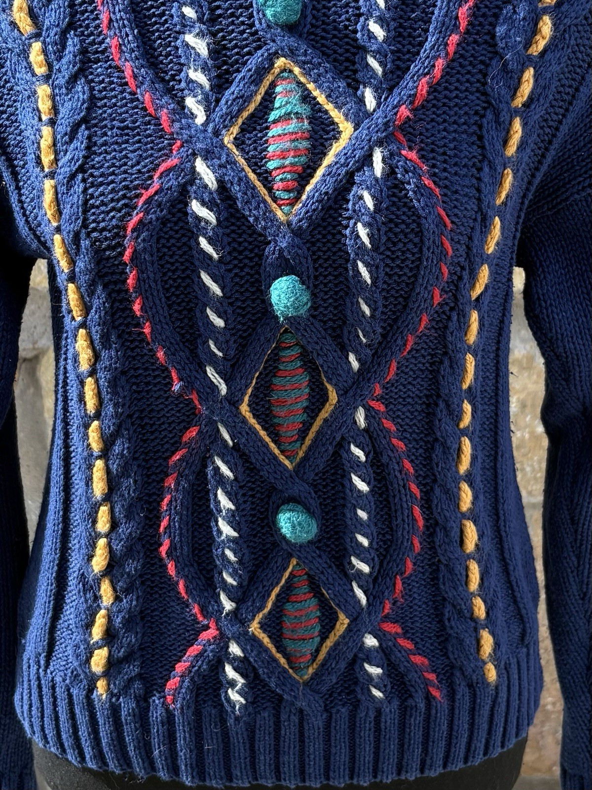 Vintage Mixed blues S Chunky Cable Knit Base W/ Colorful Embroidery POM POM READ