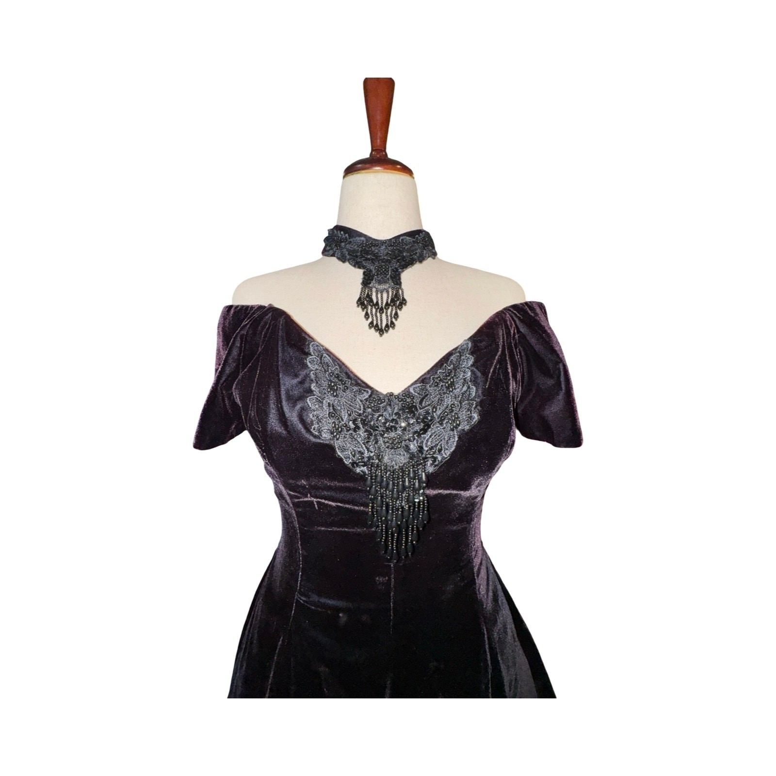 Vintage 90s L.A. Glo Velvet Mini Dress Women Black Beaded Lace Open Back 9/10