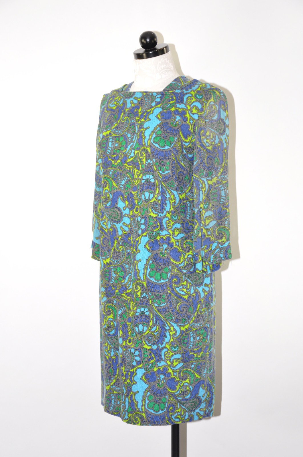 60s Vintage Blue Green Paisley Sheer Bell Sleeve Sheath Wiggle Day Dress Women S
