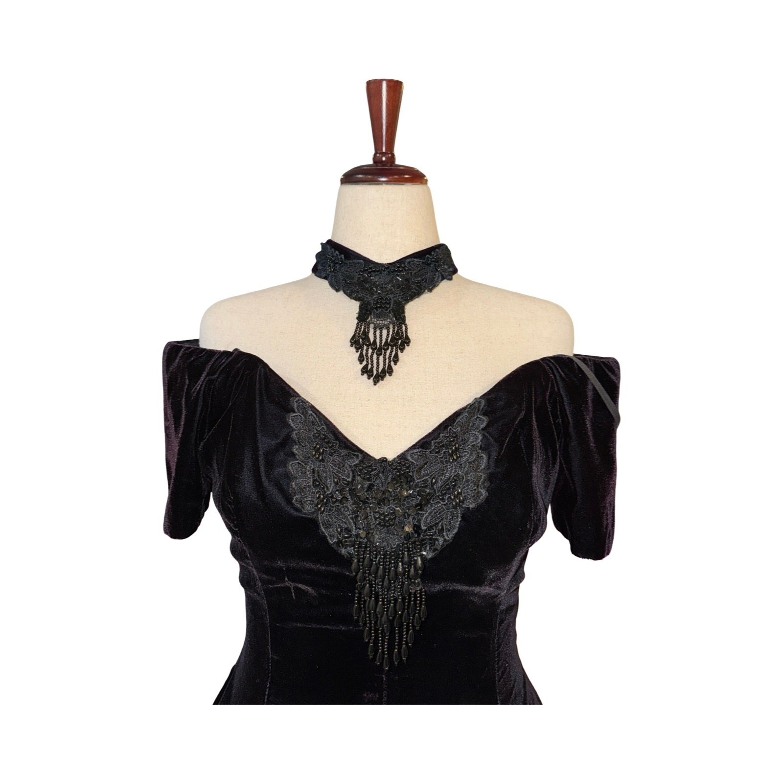 Vintage 90s L.A. Glo Velvet Mini Dress Women Black Beaded Lace Open Back 9/10
