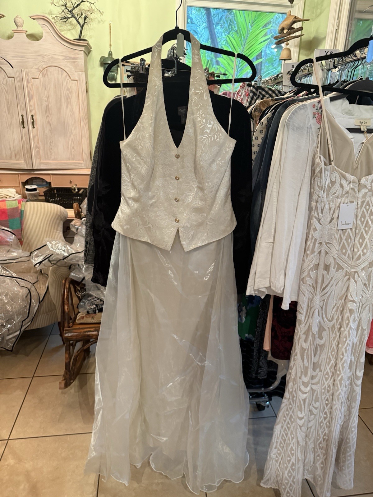 Vintage Cachet Ivory Gown 12 Formal Dress Long Maxi Brocade Top w/ Chiffon Skirt