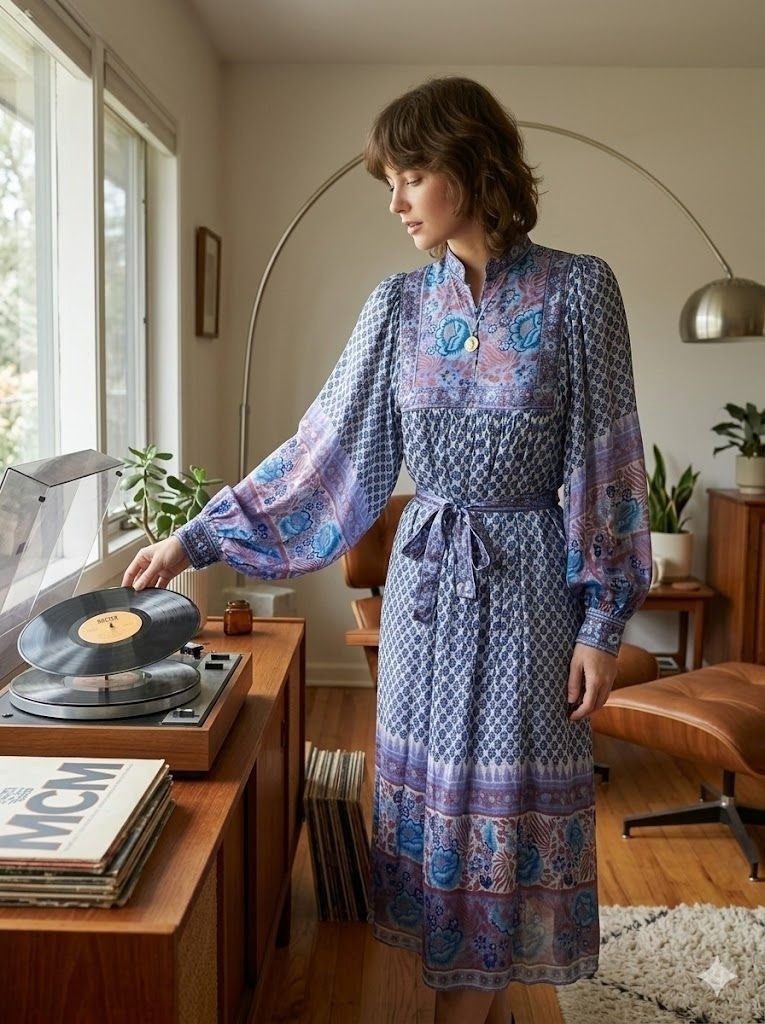Vintage 70s Ritu Kumar Judith Ann Silk Block Blue Kaftan Dress XS Balloon Sleeve