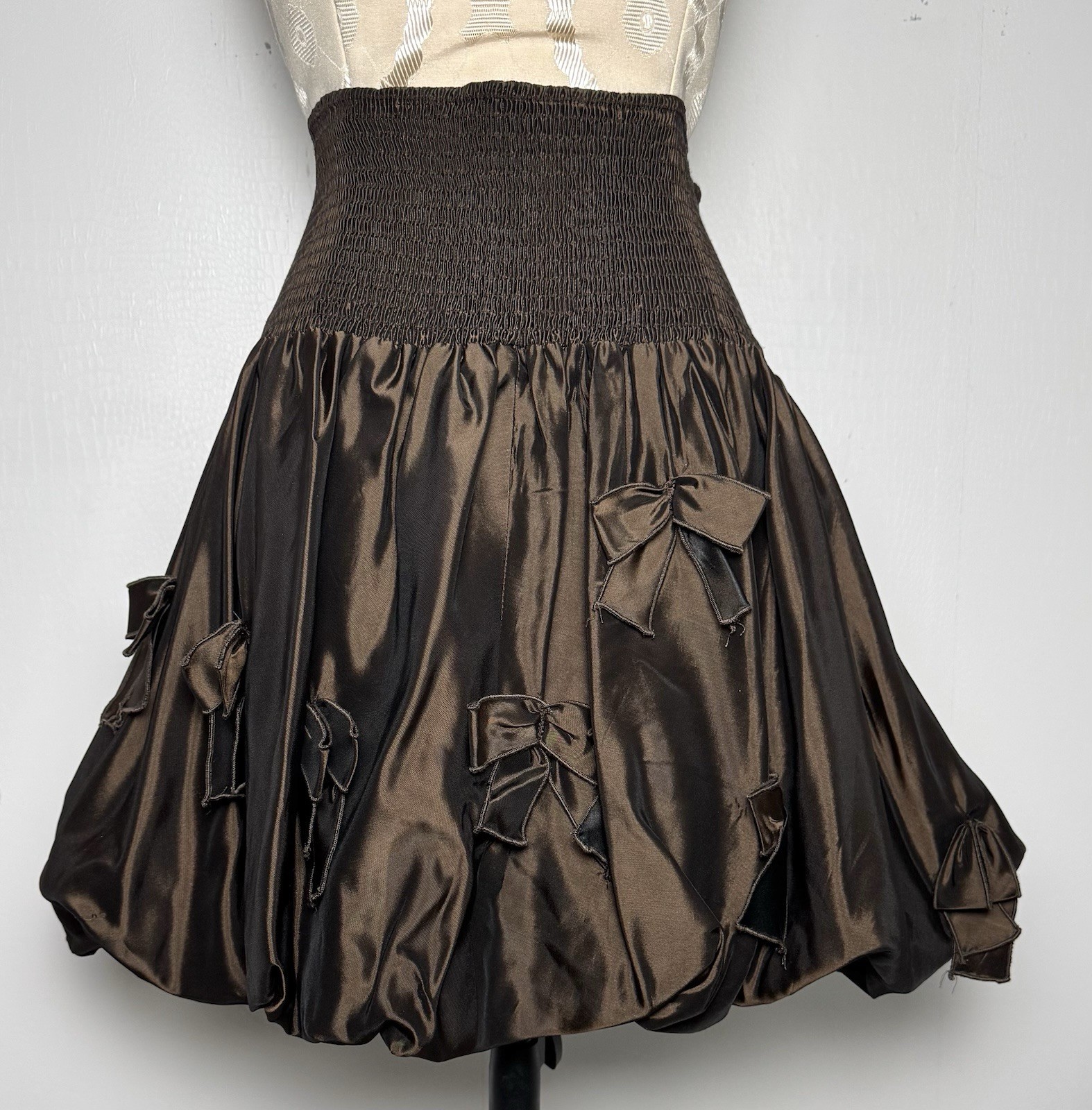 Vtg 80s Bubble Mini Skirt S/M Silky Taffeta Bow Applique Statement Party Canada
