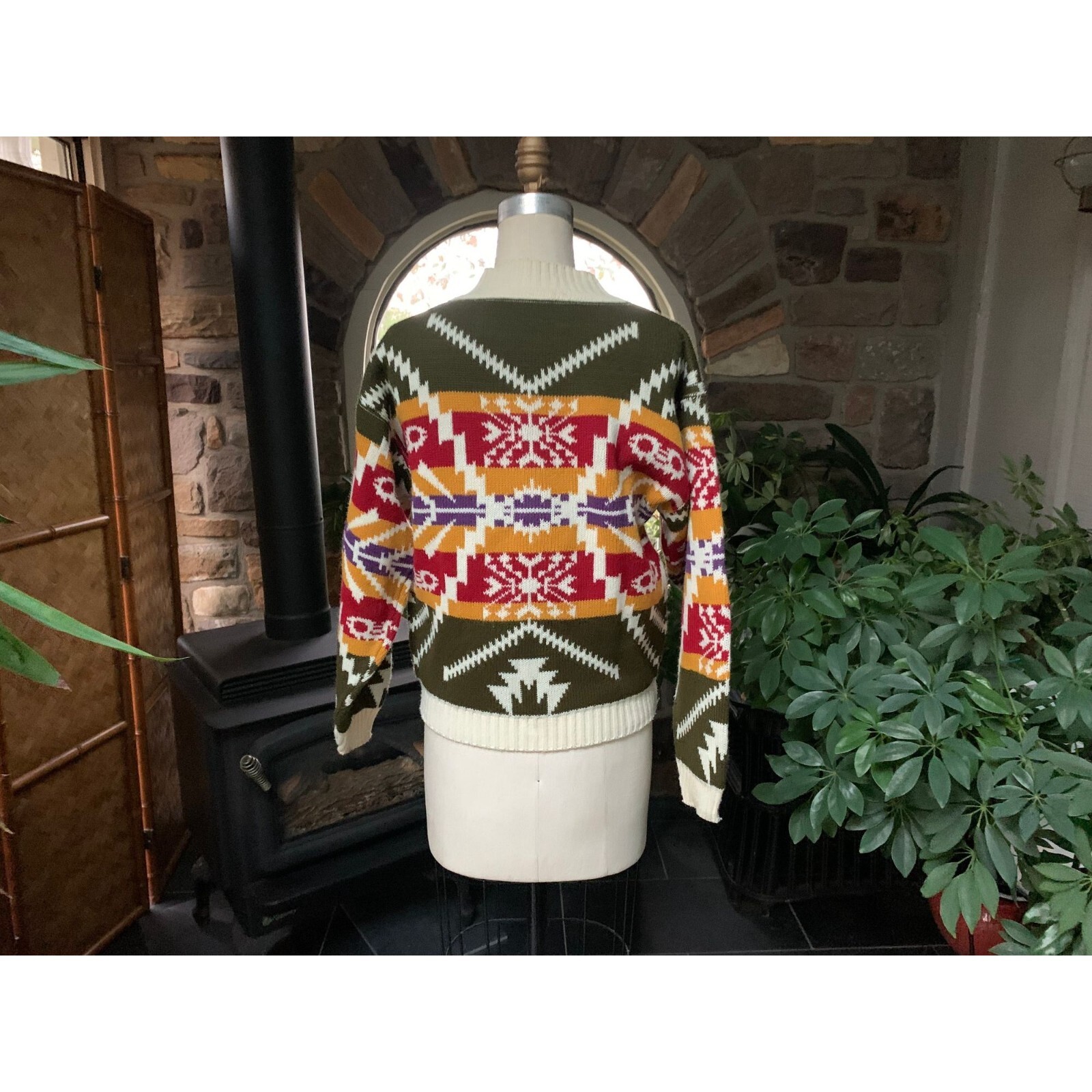 Vintage 1980s Ivory Olive Green Geometric Mock Neck Sweater
