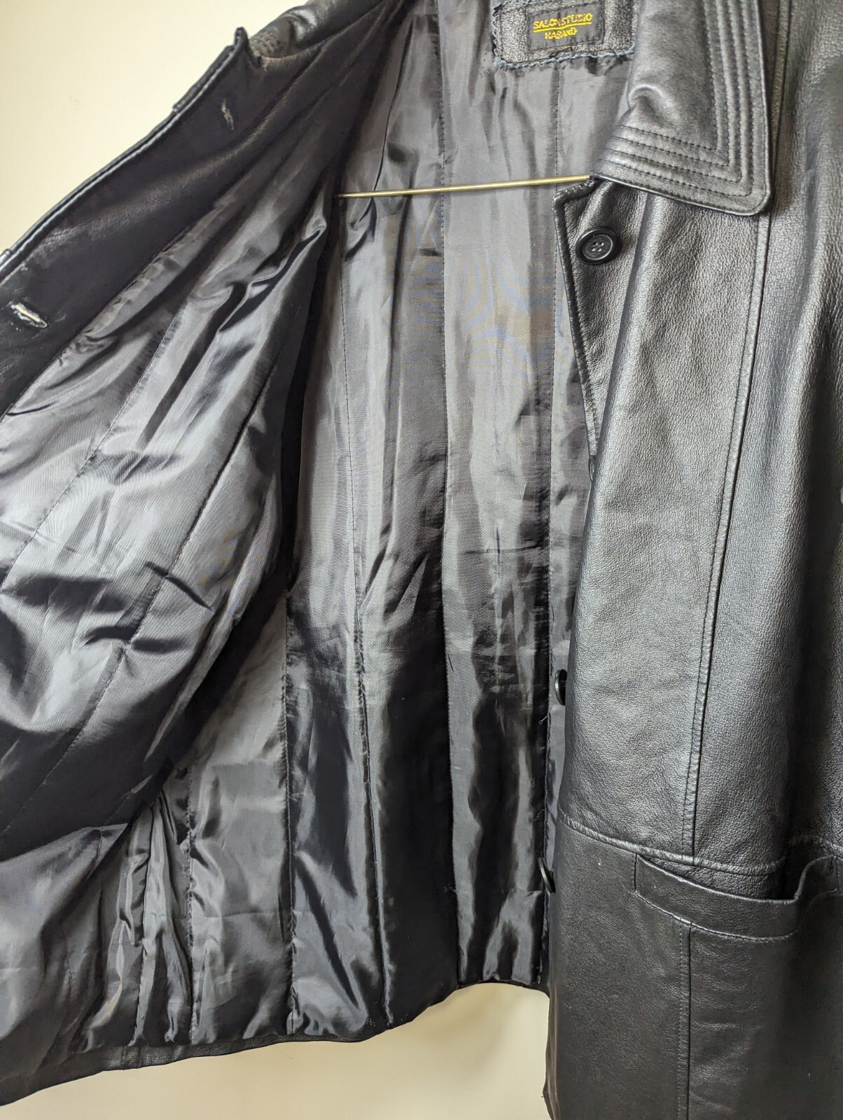 Vintage Black Leather Jacket Size L Salon Studio Haband Button Down Mid Length