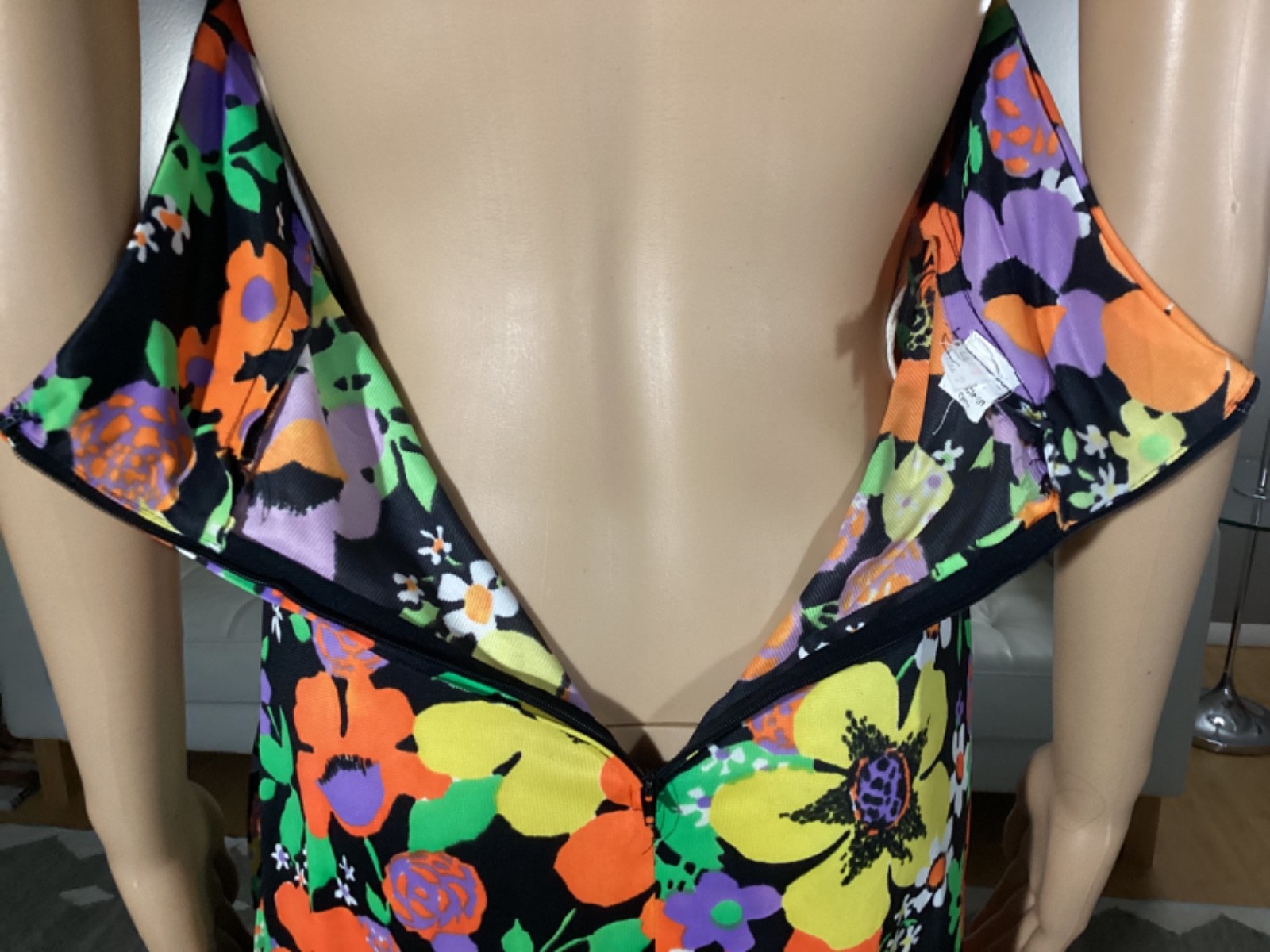 Vintage 70’s Joseph Magnin Bright Floral Flower Power Ruffle Halter Maxi Dress