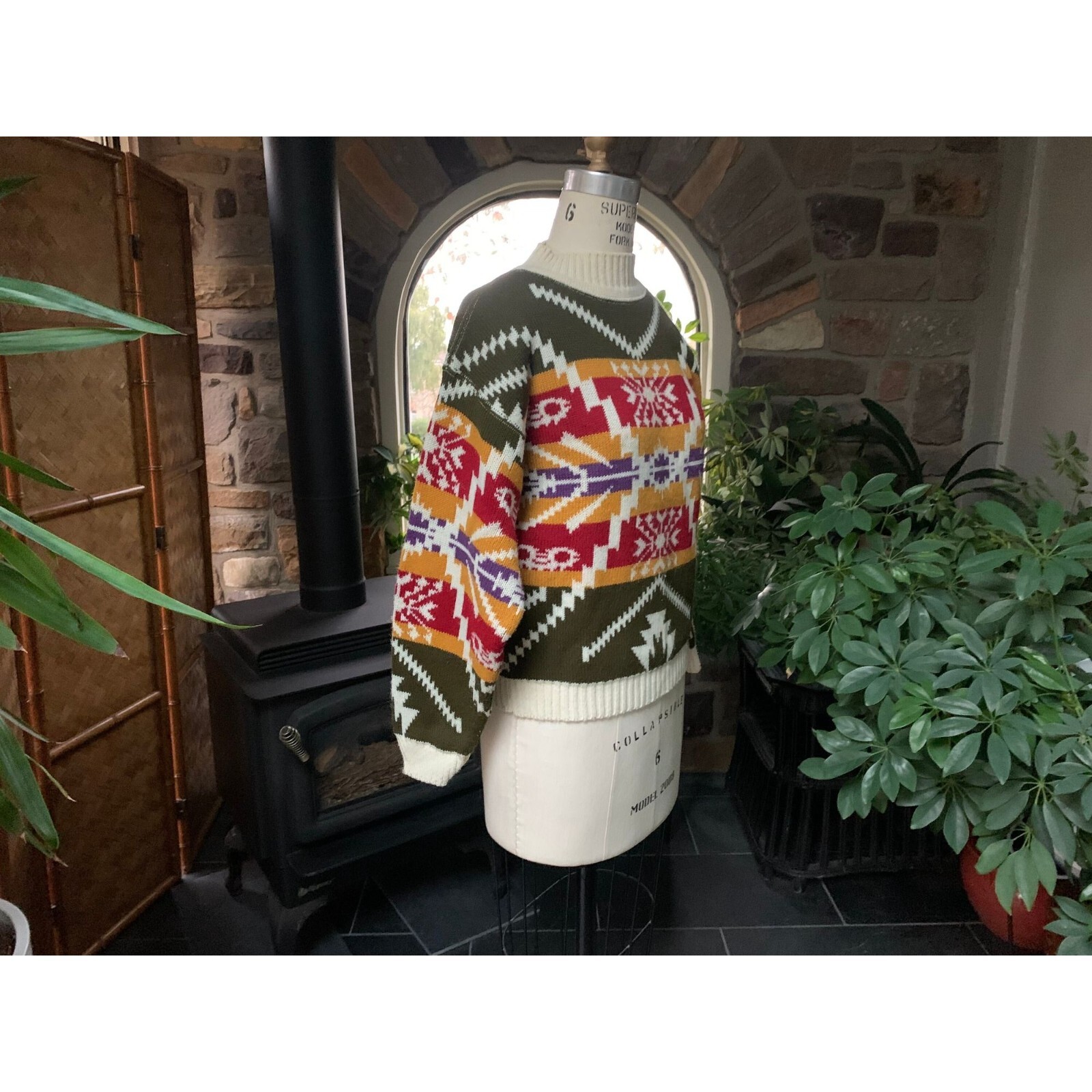 Vintage 1980s Ivory Olive Green Geometric Mock Neck Sweater