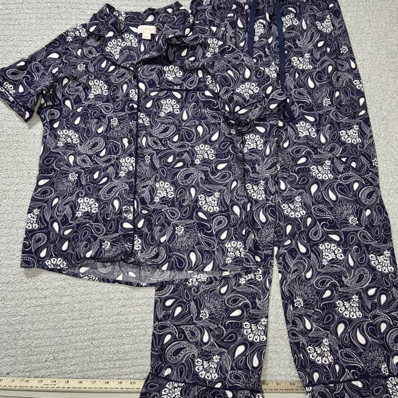 Cabernet Pajama Set Vintage 90s S Navy Blue Paisley Cotton Loungewear Sleepwear