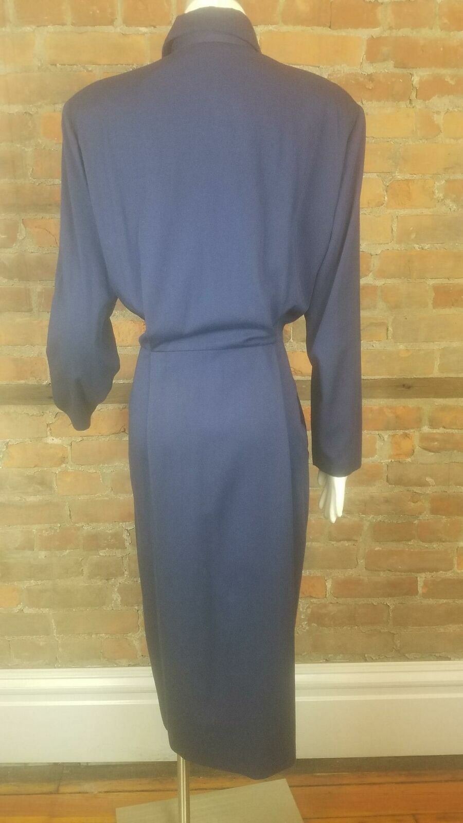 Vintage Women’s 80s Dress Navy Shirt Dress Button Front Lg Sleeves Sz L