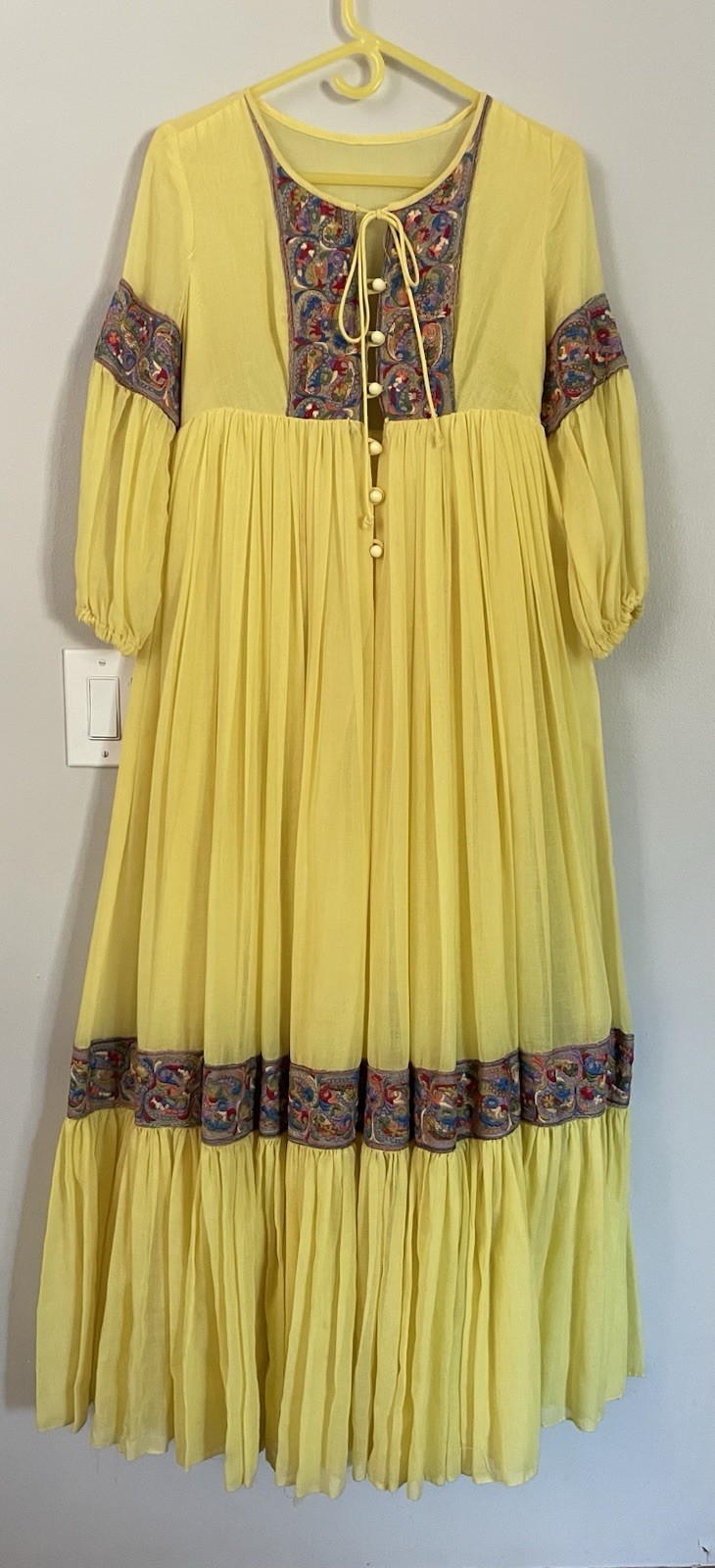 Vintage 70s Beverly Paige Yellow Cotton Gauze Boho Maxi Dress Embroidered Hippie