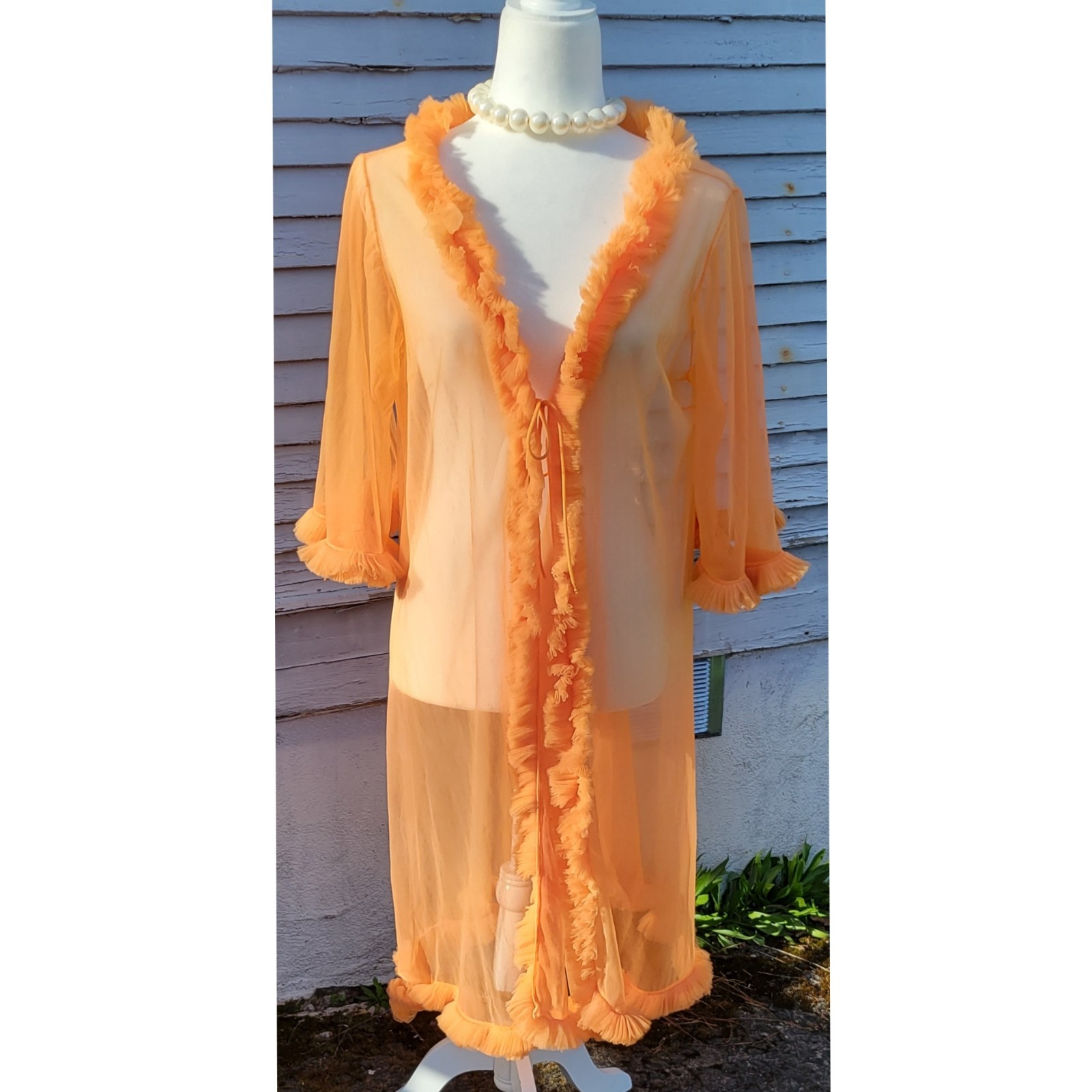 Vintage 1960s Lisette Tangerine Chiffon Sheer Ruffles Negligee Peignoir M Med