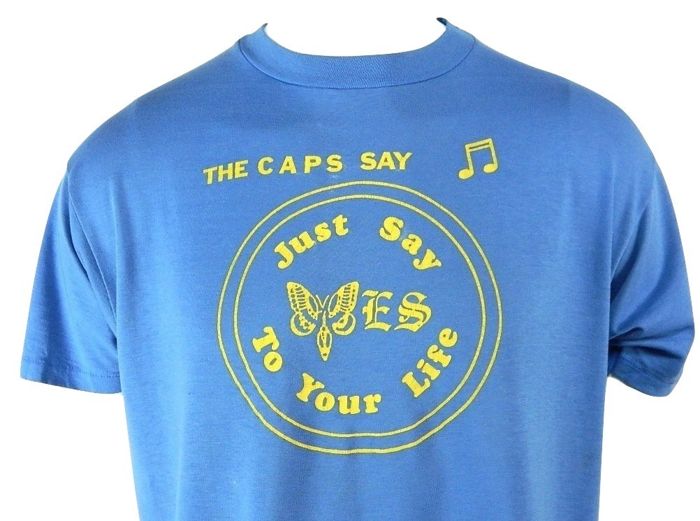 Vintage 80s Caps Say Yes To Your Life Thin 50/50 Blend Blue T Shirt XL Made USA