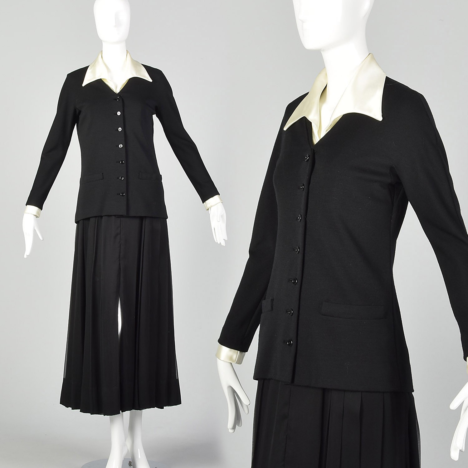 Medium Black Dress 1970s Illusion Black Knit Cardigan Chiffon Maxi Skirt 70s VTG