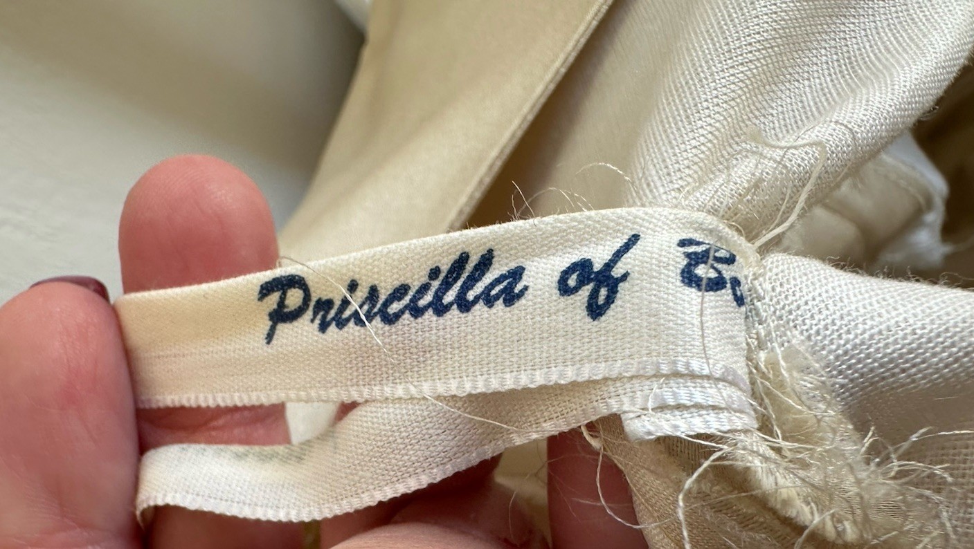1950s Vintage Priscilla Of Boston Ivory Satin Gown V Bodice /Neck 3/4 Sleeve