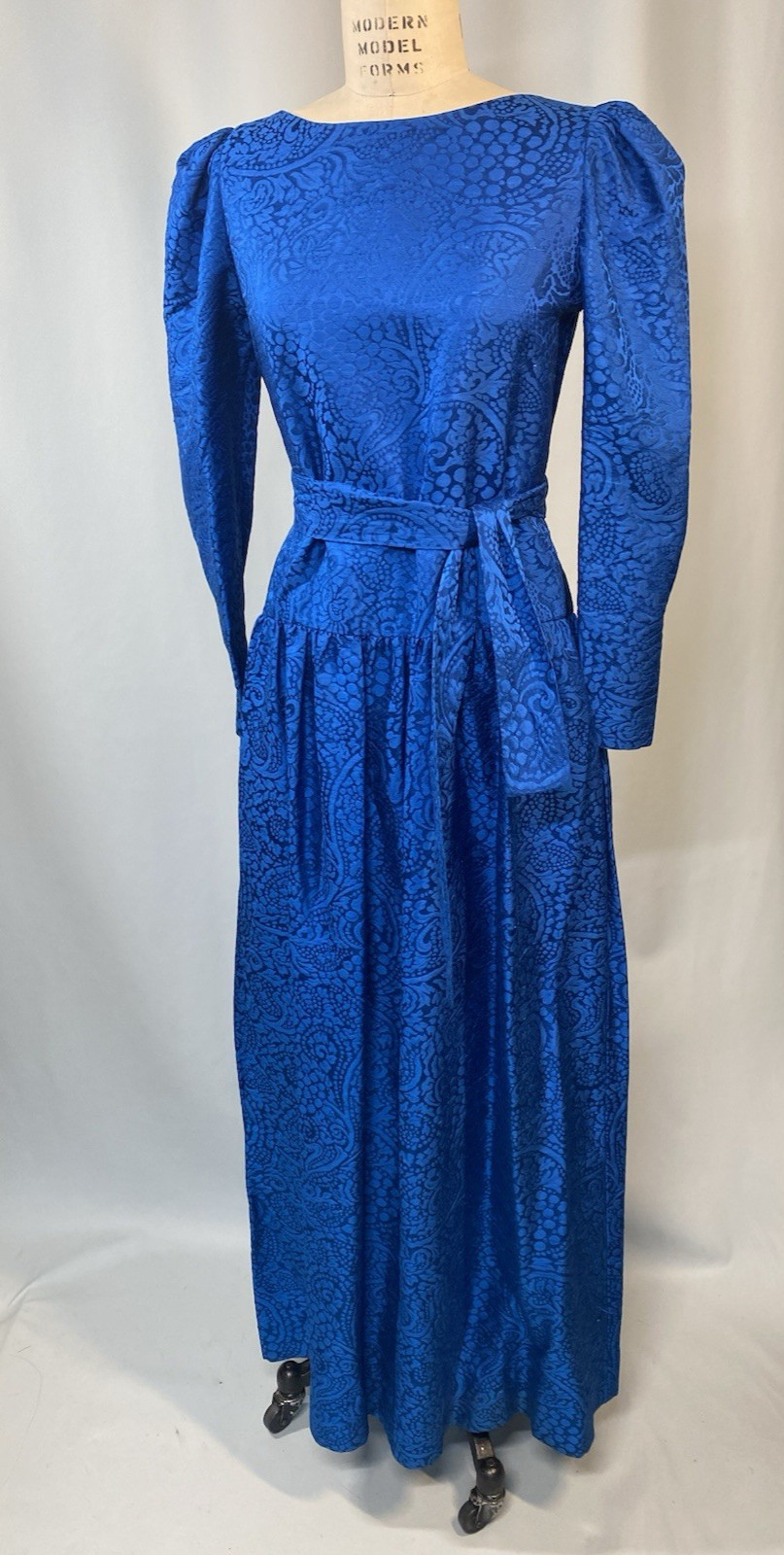 Vintage Dress SIZE LARGE blue Thai silk jacquard long sleeve 80s 90s handmade