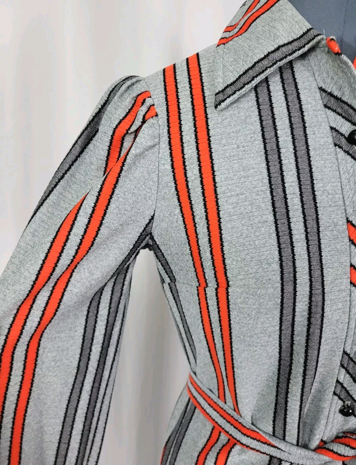 Vtg Grey Button Down Dress w Dark Grey & Orange Stripes & Tie Belt Size M?